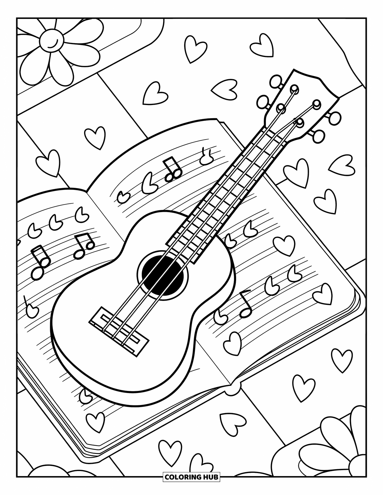 Desen de colorat cu chitară pentru adulți: Un ukulele adorabil se odihnește printre inimi, petale și mâzgăleli muzicale jucăușe