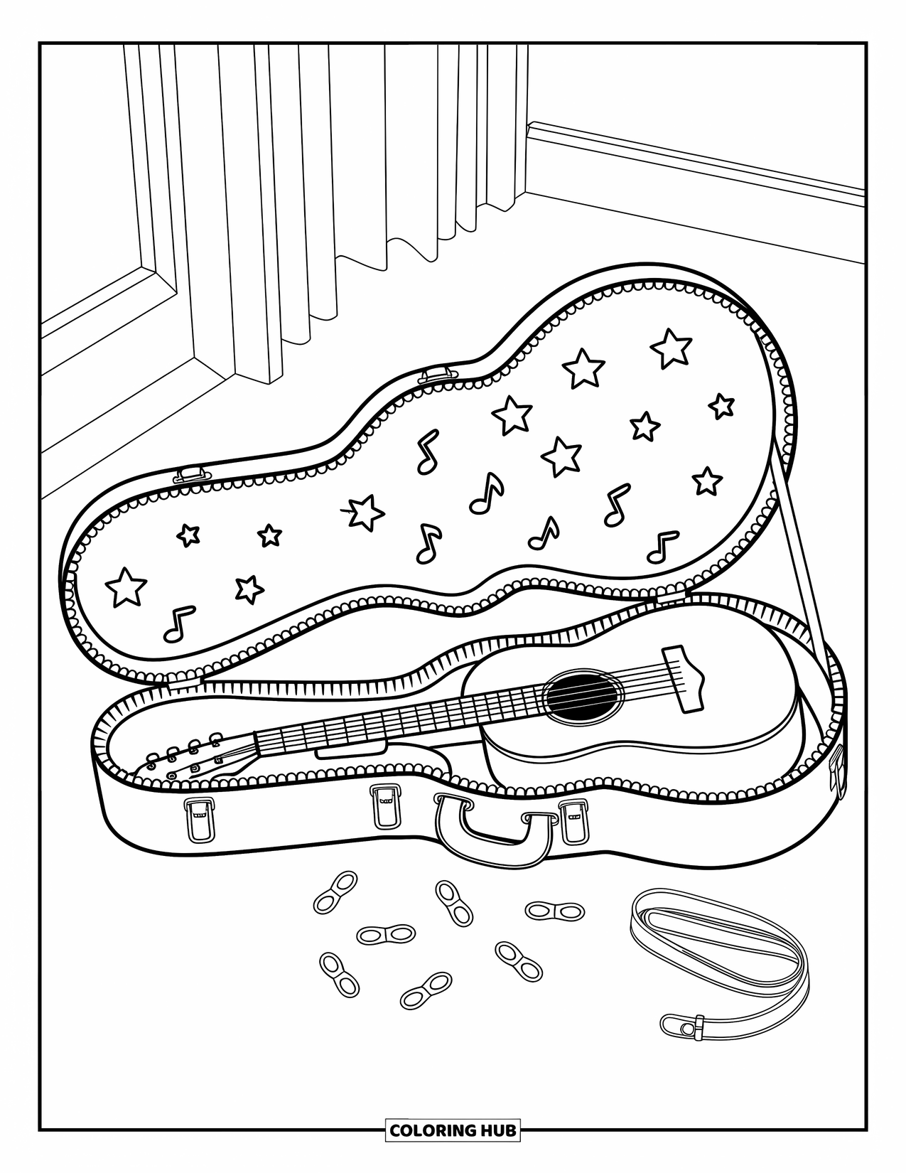 Desen de colorat cu chitară pentru adulți: O cutie de chitară deschisă arată un interior cu volane, cu pene, curea și capac căptușit cu autocolante