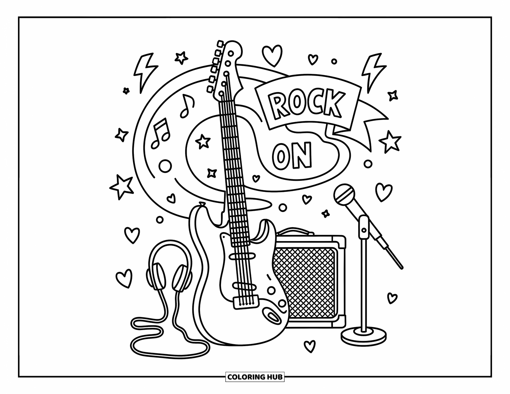 Desen de colorat cu chitară pentru adulți: O chitară kawaii supradimensionată se sprijină pe un amplificator cu stele, căști și un banner „Rock On”