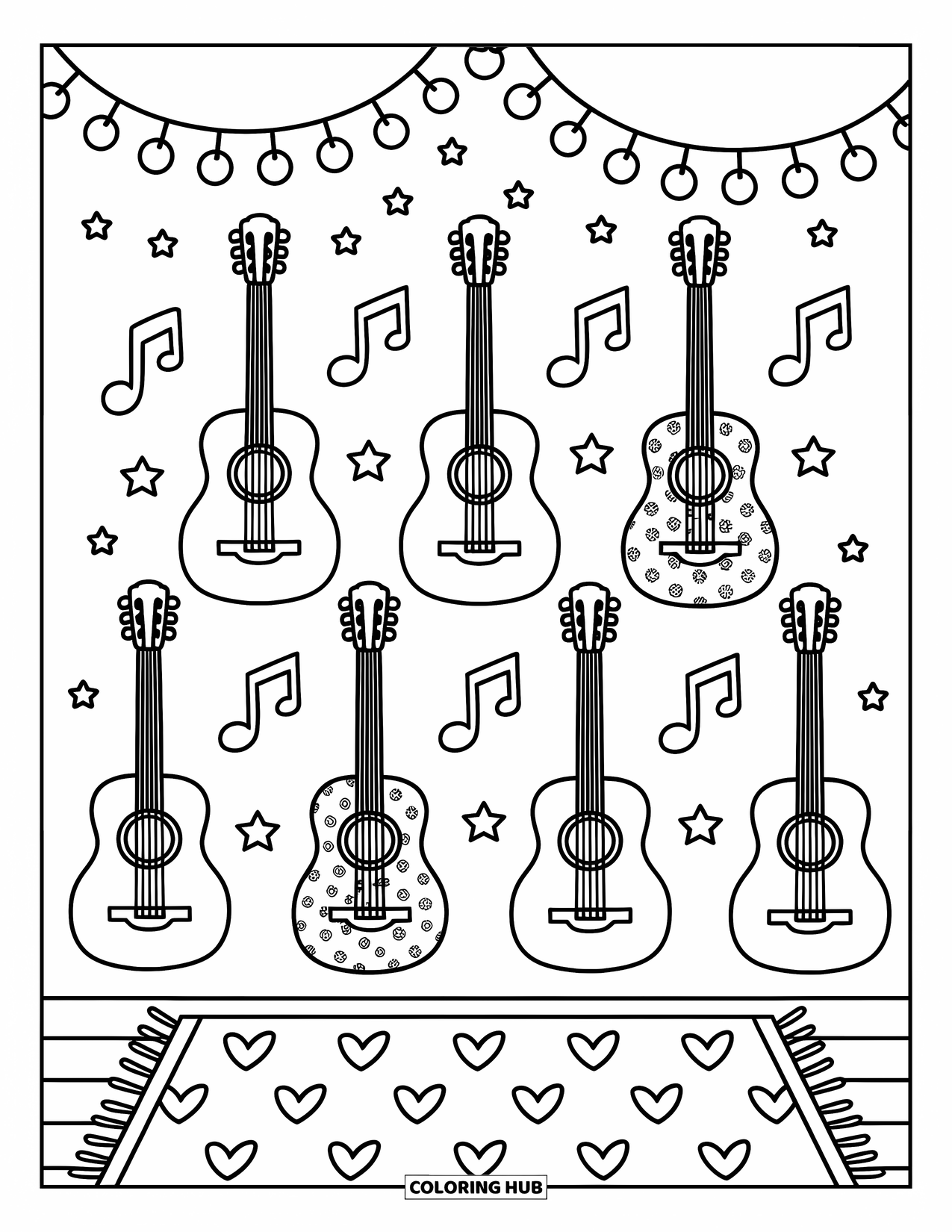 Desen de colorat cu chitară pentru adulți: Chitare fermecătoare cu modele florale și cu dungi atârnă deasupra unui covor confortabil acoperit cu inimi
