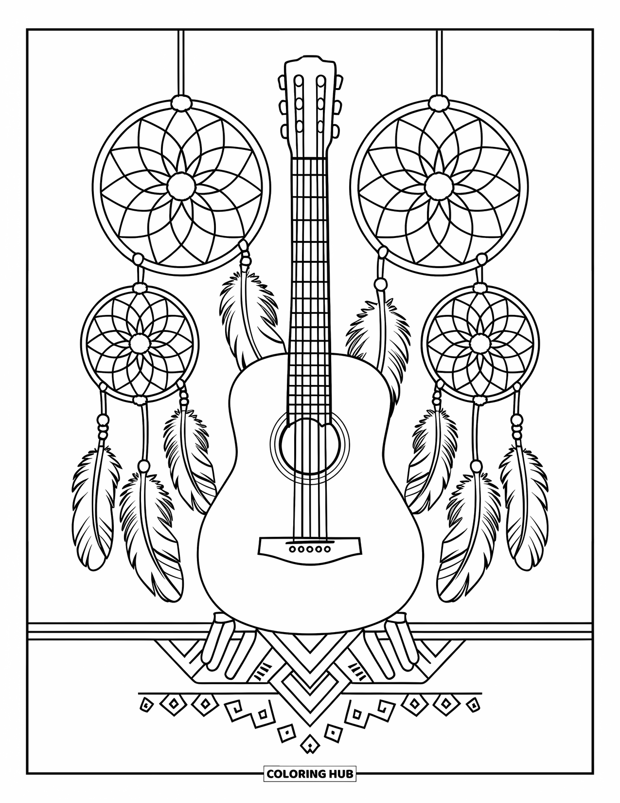 Desen de colorat cu chitară pentru adulți: Prinzătoare de vise și pene atârnă în jurul unei chitare așezate pe un suport simplu