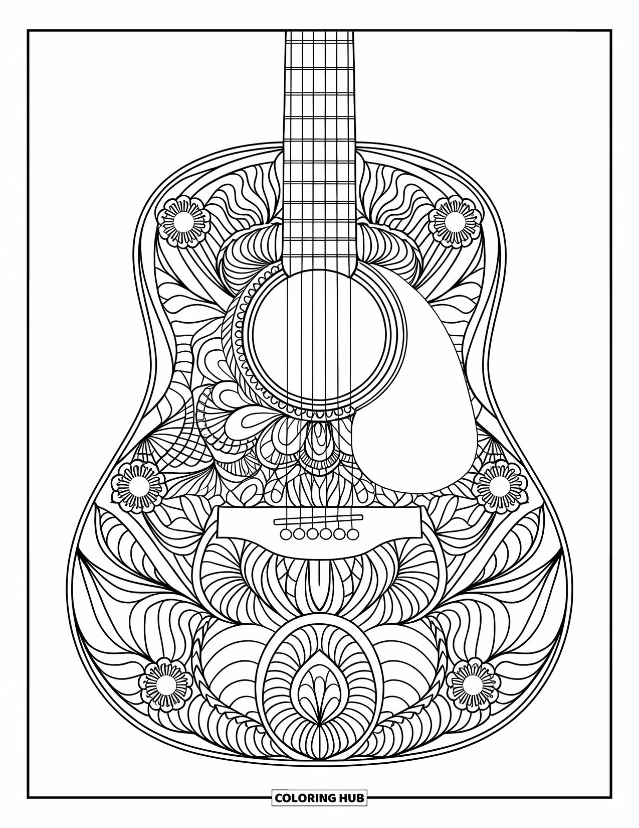 Desen de colorat cu chitară pentru adulți: Mandale florale umplu o chitară acustică cu contururi îndrăznețe și fără umbre