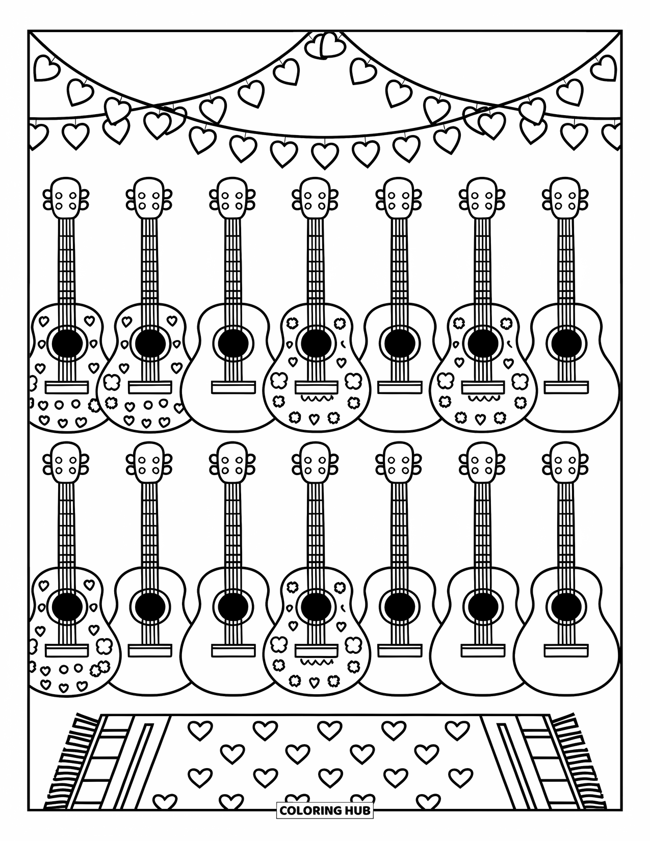 Desen de colorat cu chitară pentru adulți: Chitare kawaii atârnă pe perete deasupra unui covor cu modele de inimă și stea
