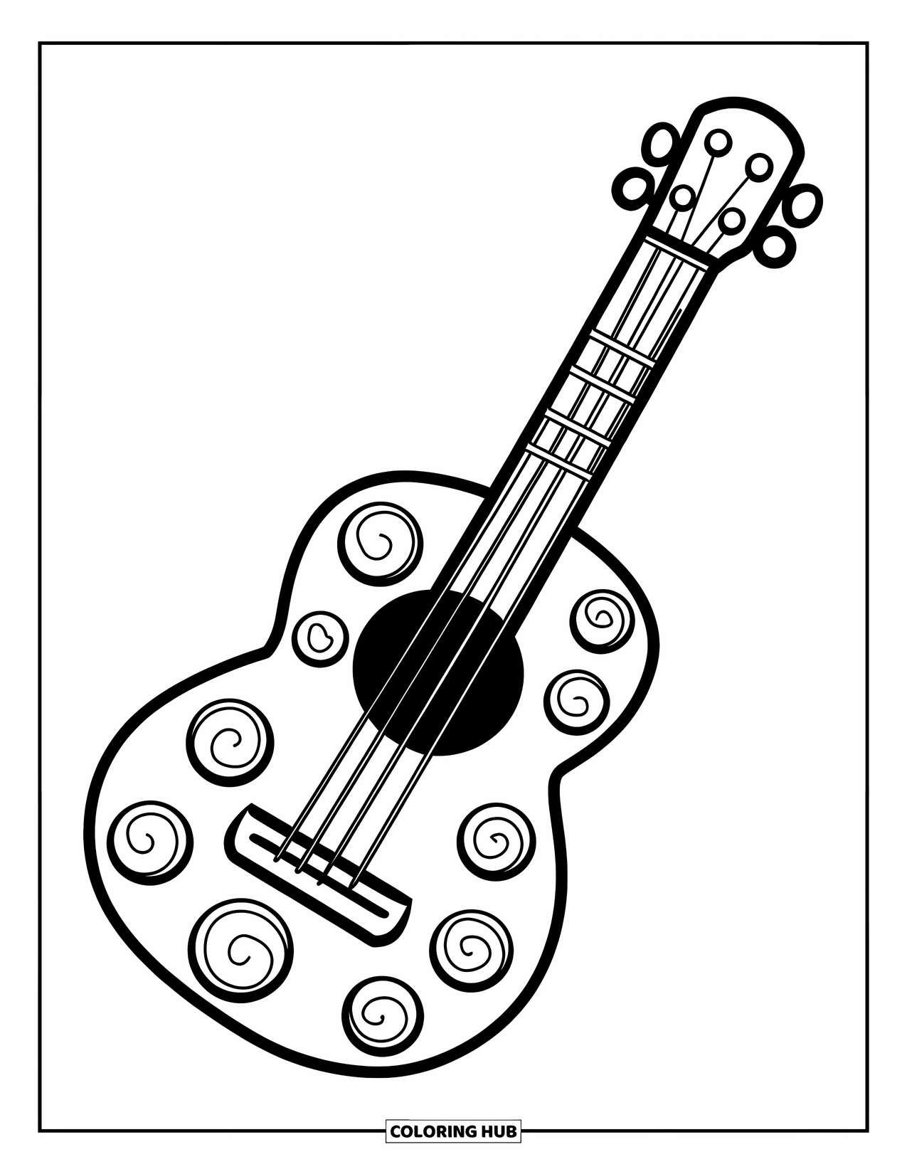 Desen de colorat cu chitară pentru copii: O chitară îndrăzneață, cu vârtejuri și taste, invită la creativitate cu formele sale mari