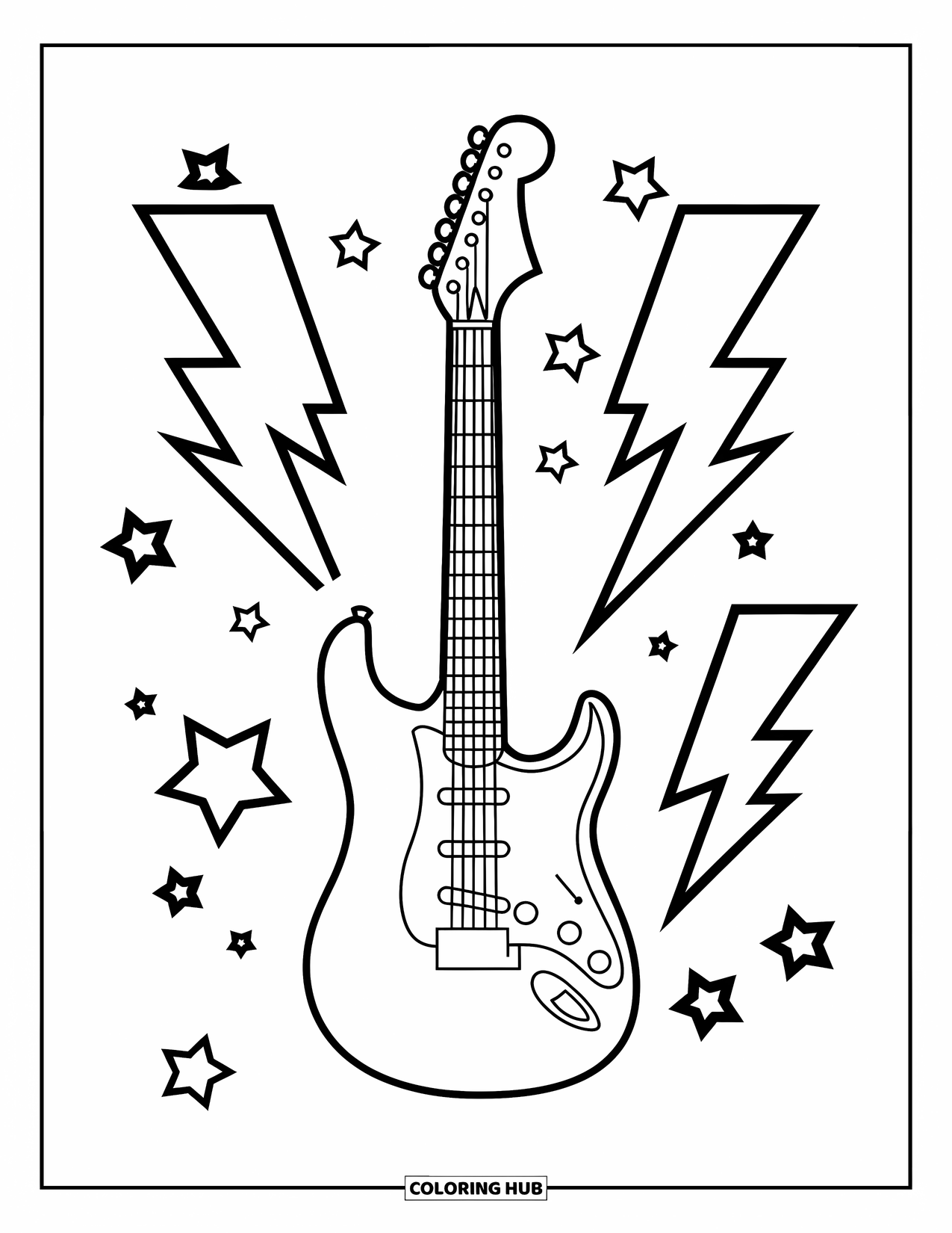 Desen de colorat cu chitară pentru copii: O chitară conturată îndrăzneț strălucește cu fulgere și stele într-un aspect jucăuș