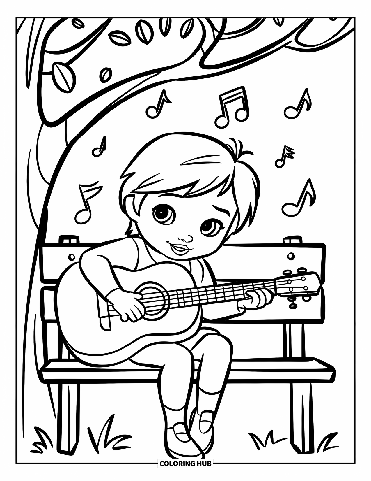 Desen de colorat cu chitară pentru copii: Un copil vesel cântă la chitară pe o bancă, cu note muzicale peste tot