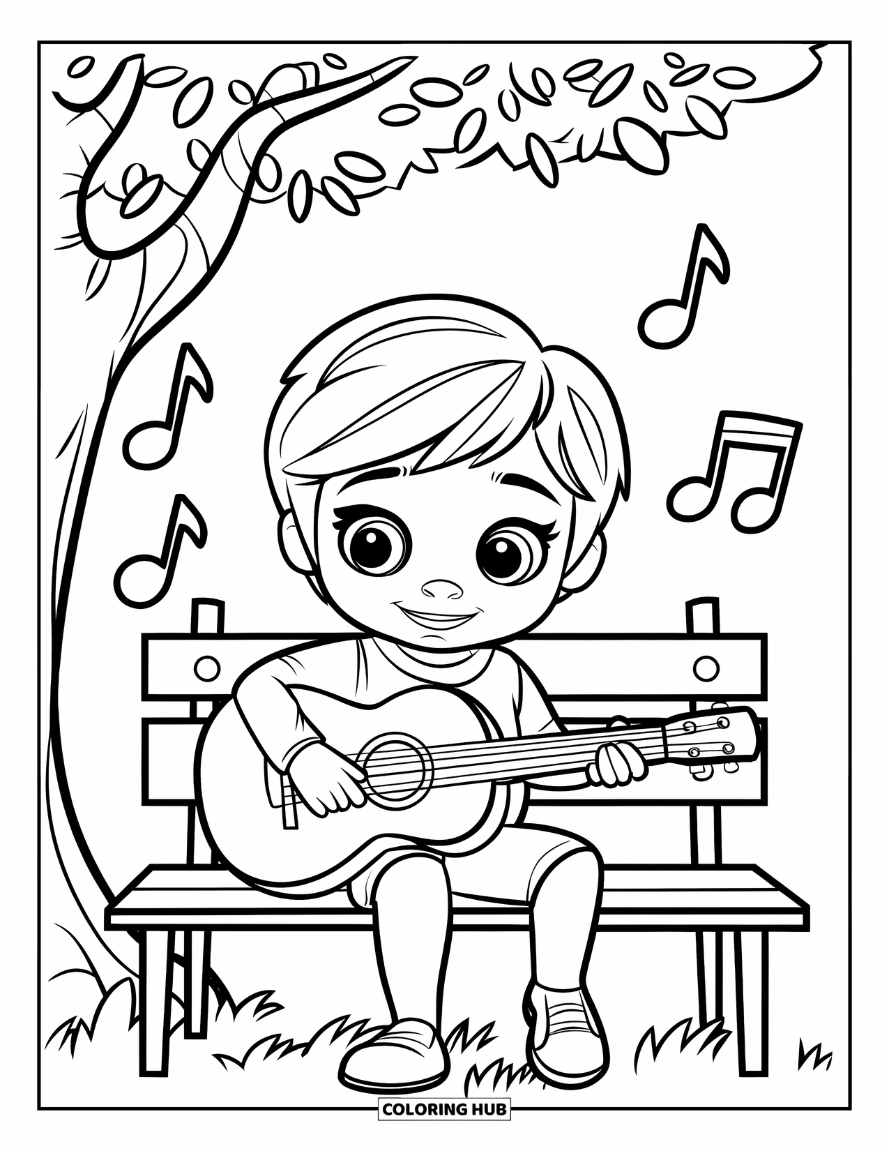 Desen de colorat cu chitară pentru copii: Un copil cântă la chitară pe o bancă sub un copac, cu note muzicale plutind în jur