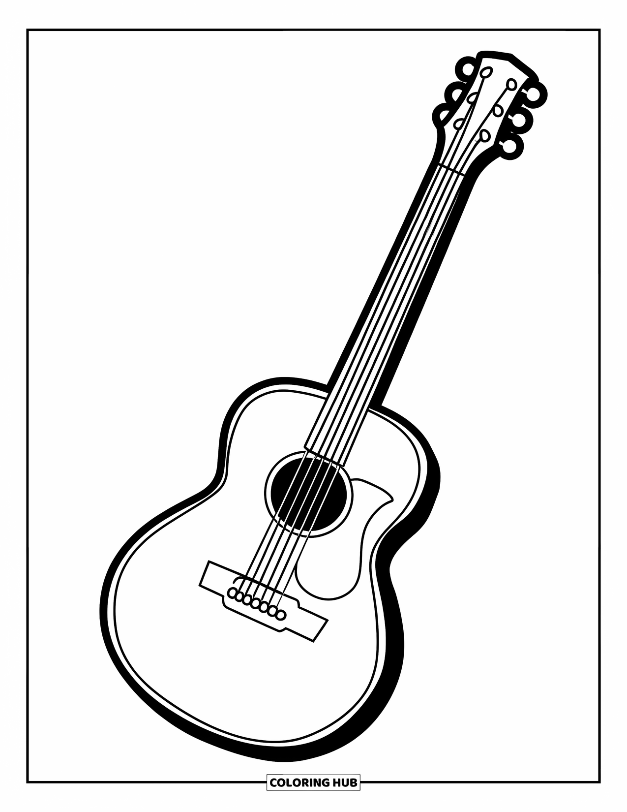 Desen de colorat cu chitară pentru copii: O chitară groasă, cu curbe îndrăznețe, este simplă și distractivă de colorat