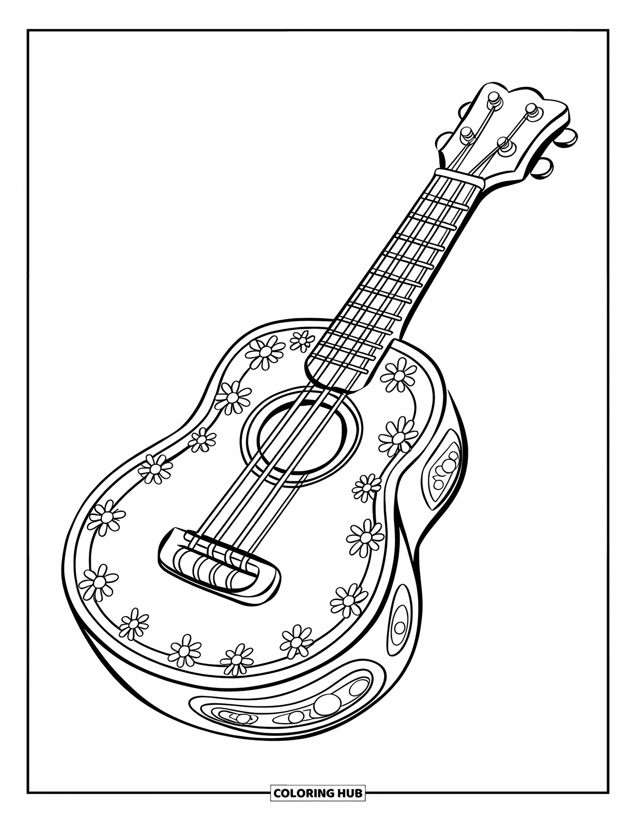 Desen de colorat cu chitară pentru copii: Un ukulele gros, cu sculpturi de flori, creează un design jucăuș și confortabil