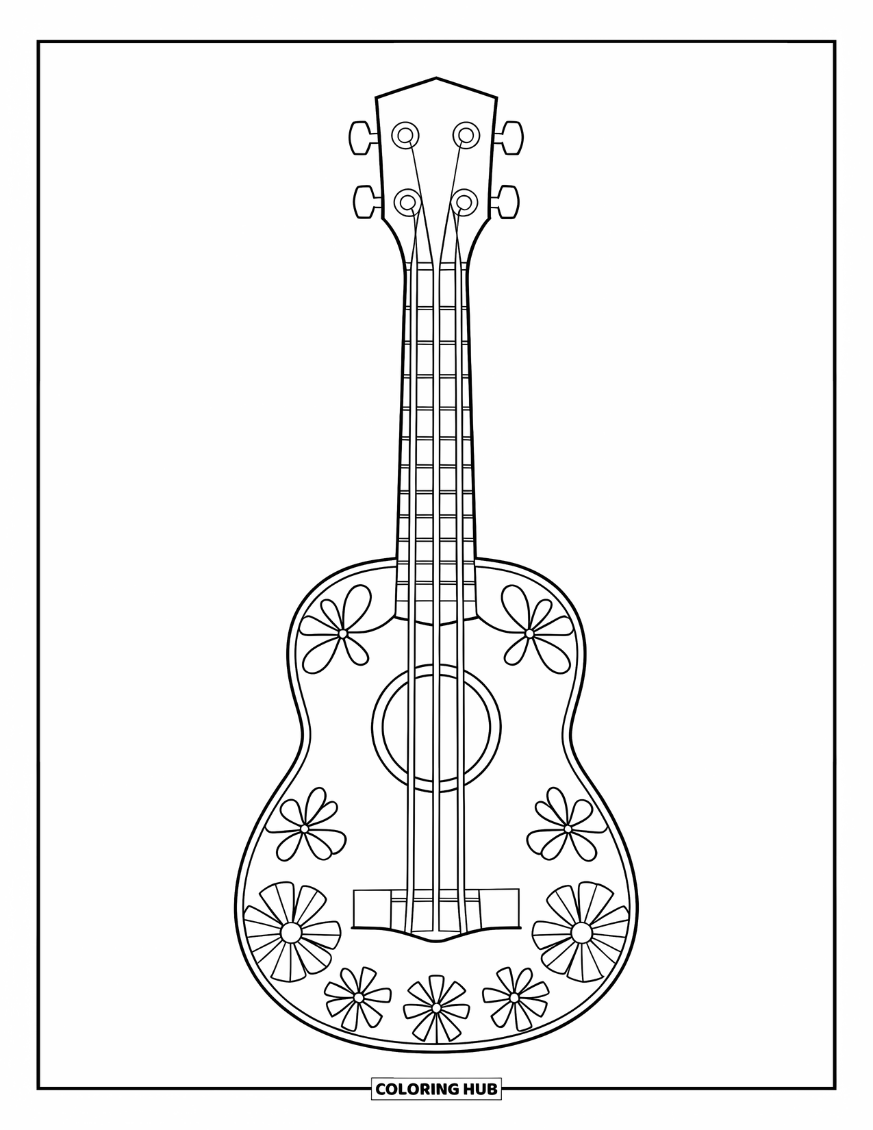 Desen de colorat cu chitară pentru copii: Un ukulele gros, cu sculpturi de flori, stă gata să fie colorat