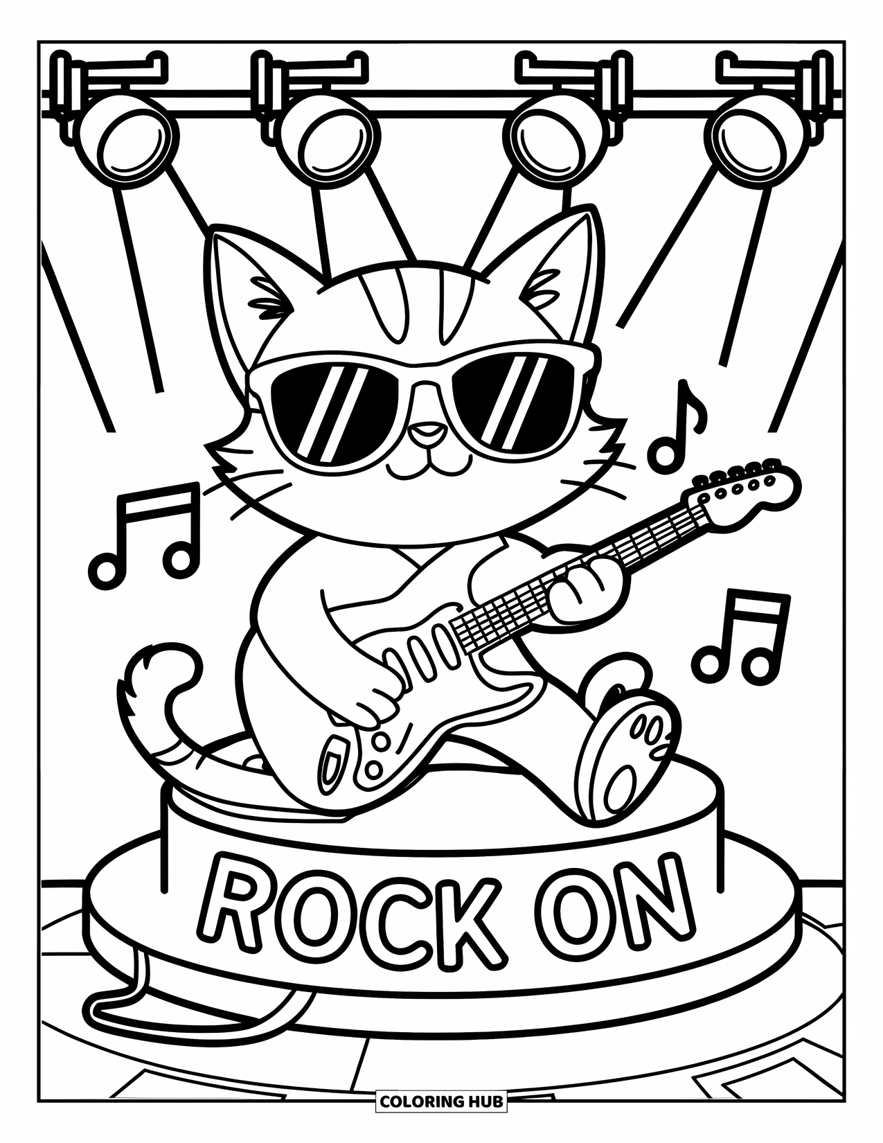 Desen de colorat cu chitară pentru copii: O pisică cool cu ochelari de soare cântă pe scenă cu o chitară electrică și reflectoare
