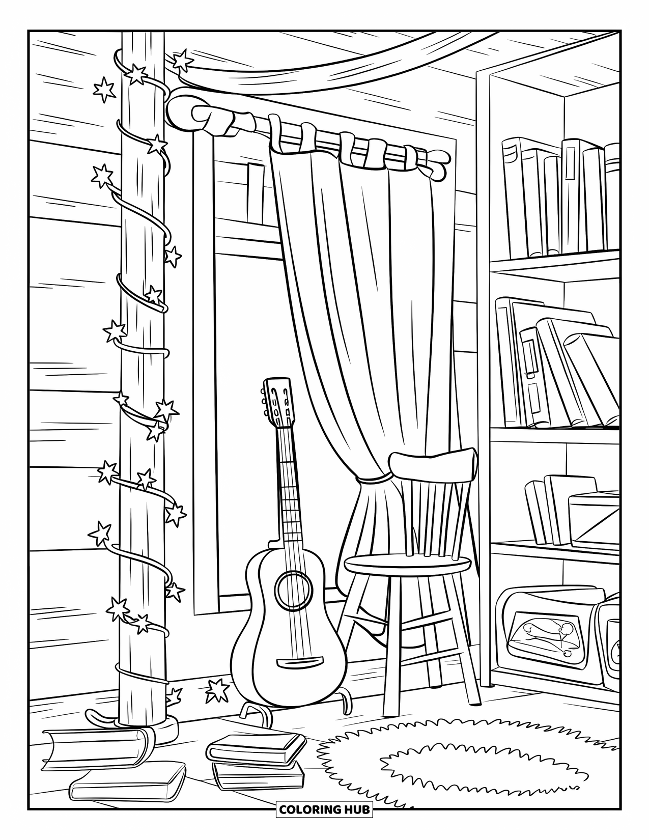Desen de colorat cu chitară pentru copii: Un dormitor confortabil strălucește cu luminițe decorative, cărți și o chitară lângă fereastră