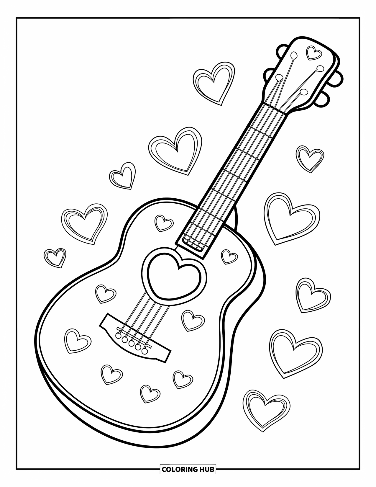 Desen de colorat cu chitară pentru copii: O chitară confortabilă, cu detalii de inimă, creează un design distractiv și adorabil