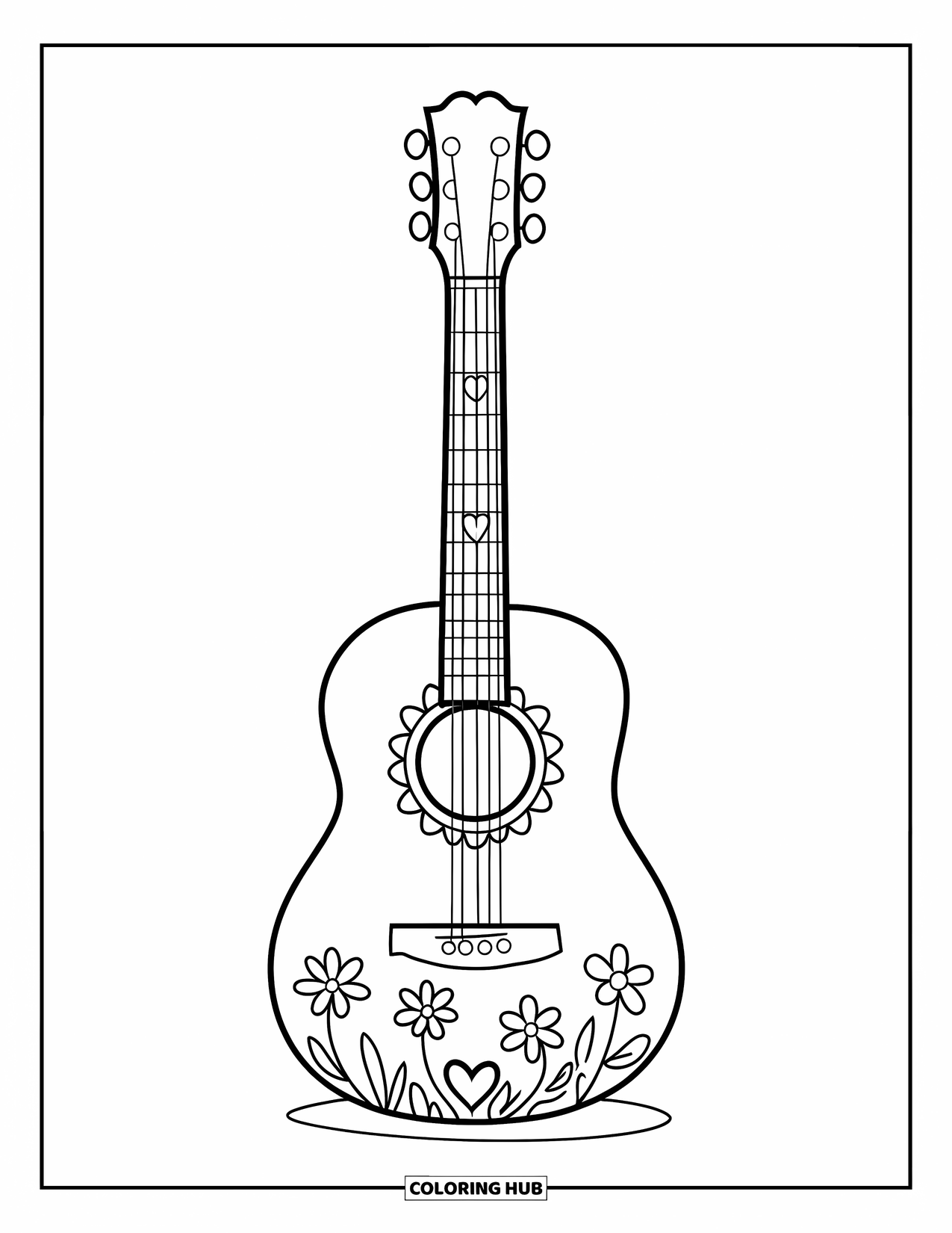 Desen de colorat cu chitară pentru copii: O chitară drăguță are doodle-uri cu flori și o inimioară mică pe tastieră