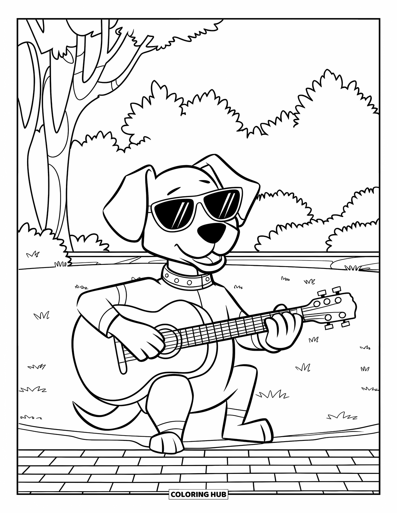 Desen de colorat cu chitară pentru copii: Un câine cu ochelari de soare cântă la chitară pe iarbă, cu copaci în fundal