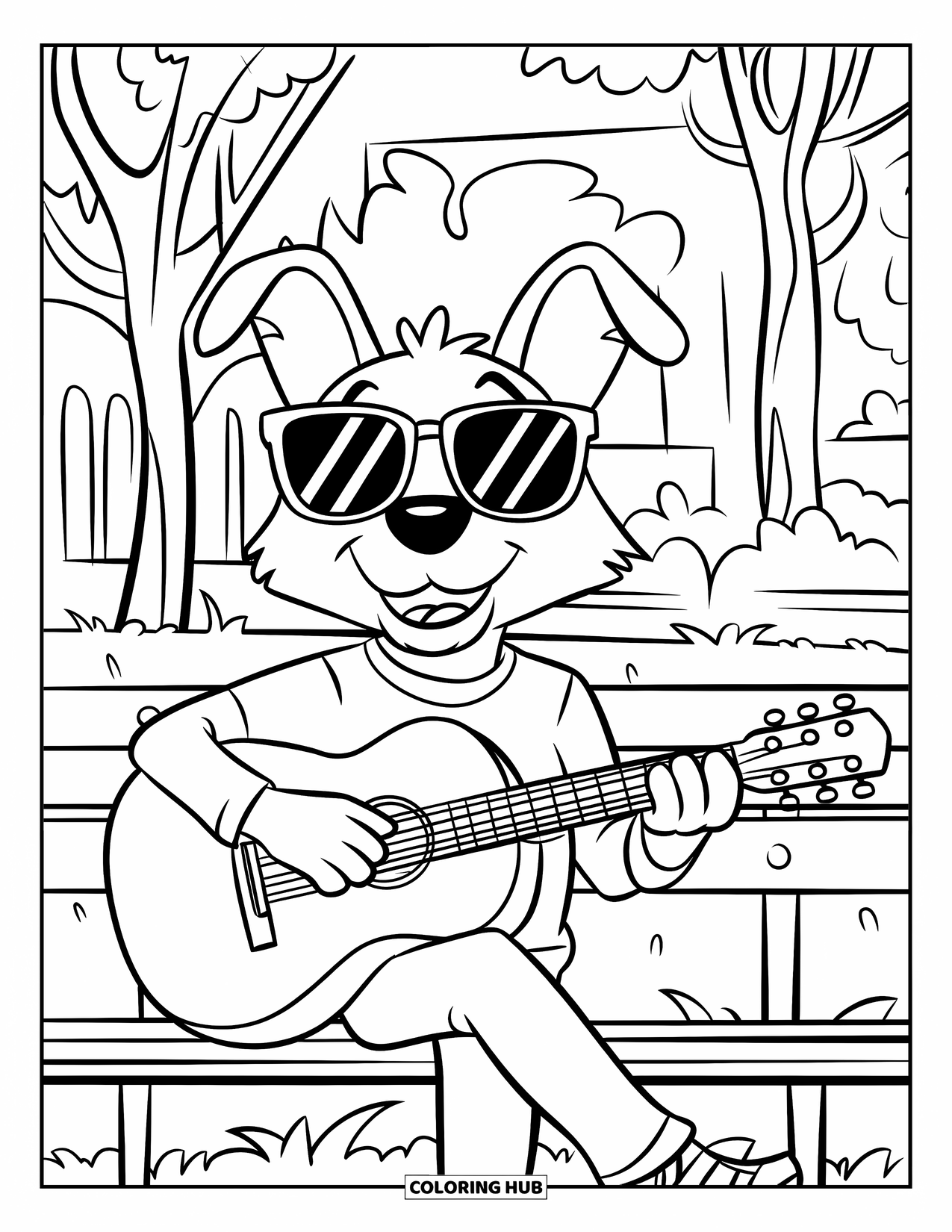 Desen de colorat cu chitară pentru copii: Un câine cu ochelari de soare ciupește o chitară în timp ce stă pe o bancă în parc