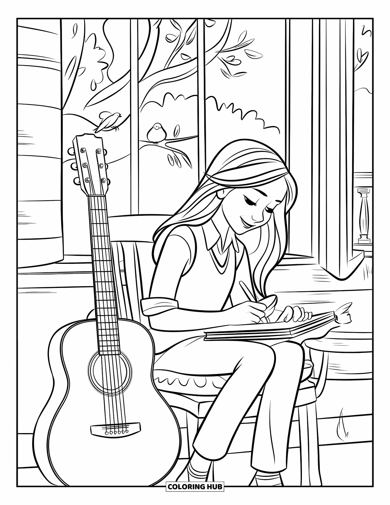 Desen de colorat cu chitară pentru copii: O fată cu părul lung scrie muzică lângă o fereastră cu păsări pe pervaz