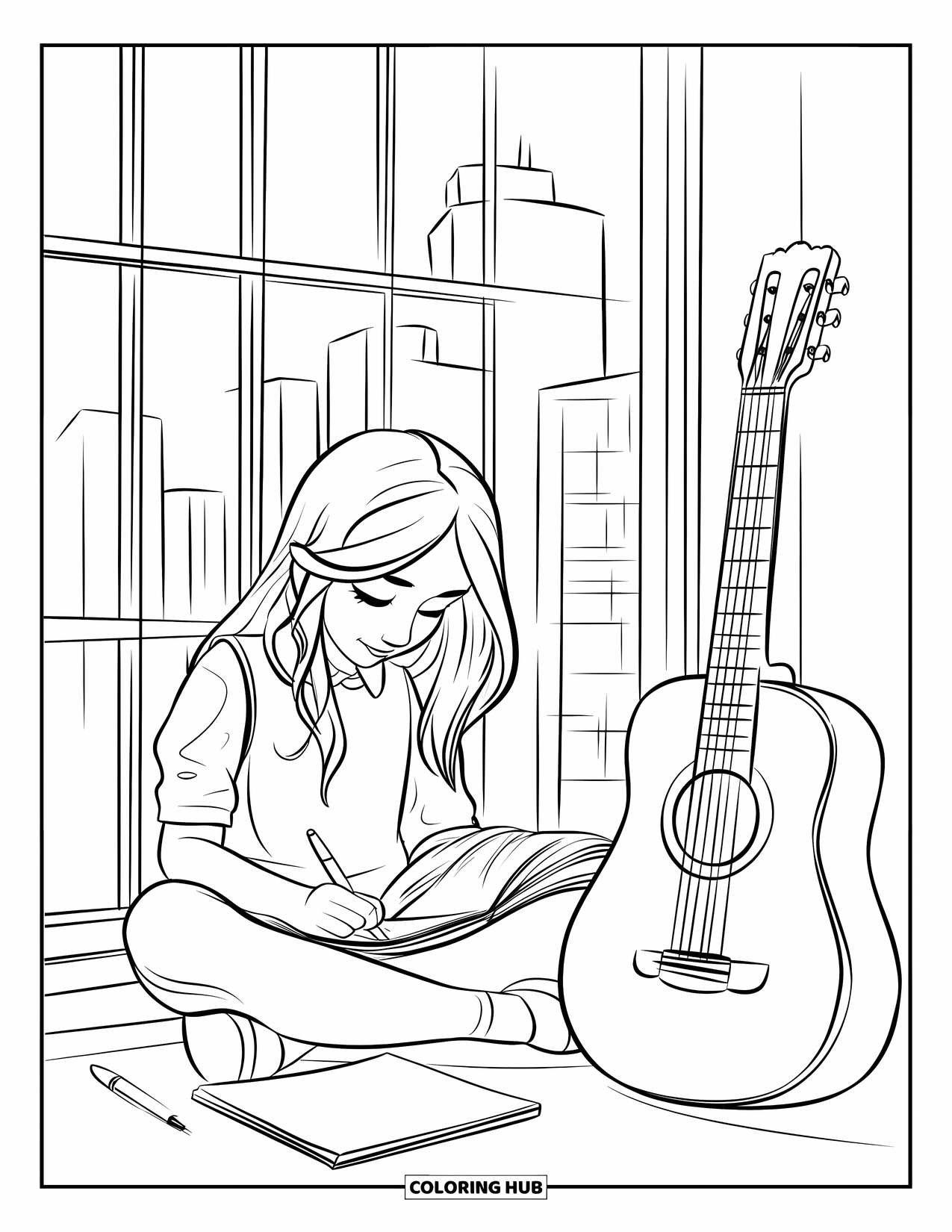 Desen de colorat cu chitară pentru copii: O fată scrie cântece lângă fereastră, cu o chitară sprijinită lângă ea