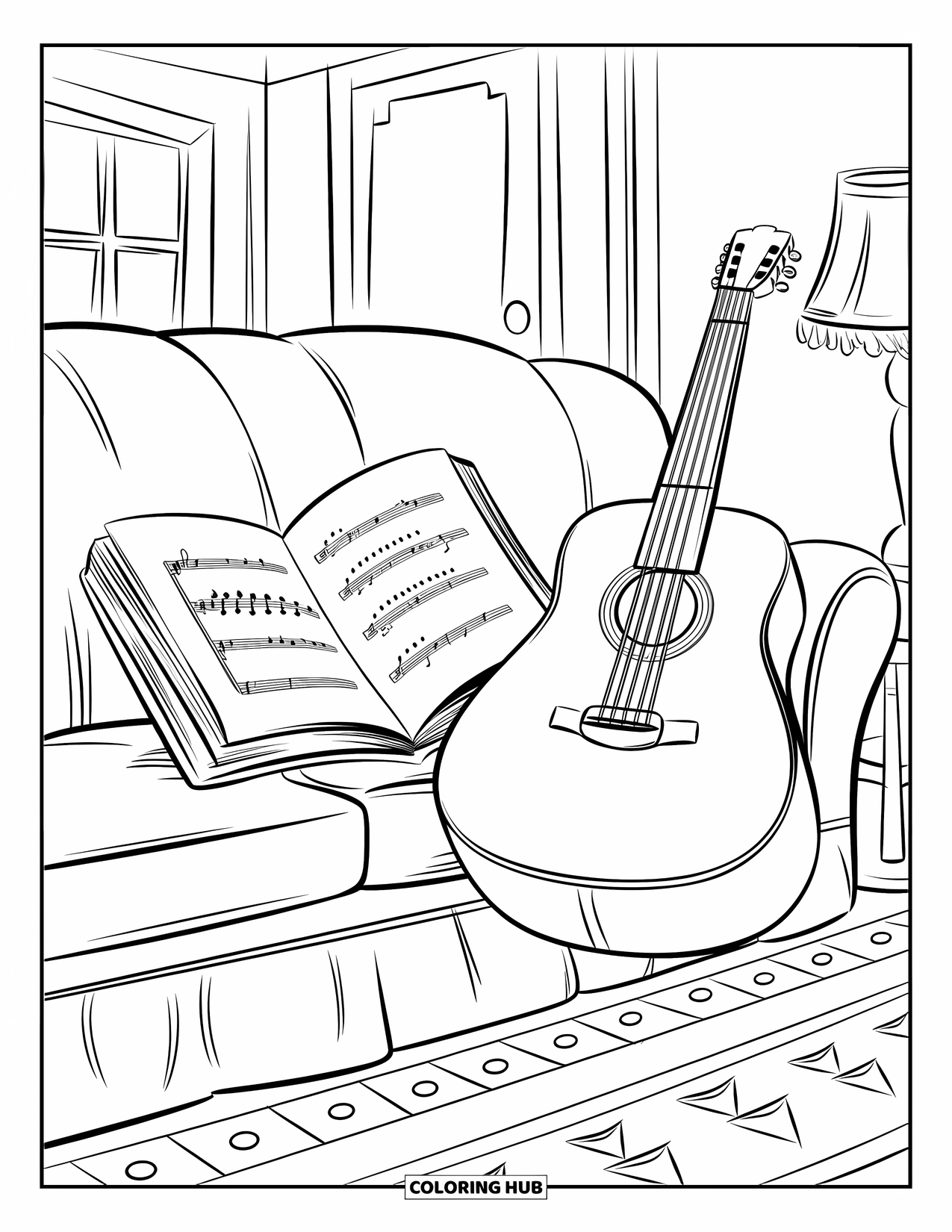 Desen de colorat cu chitară pentru copii: O chitară și o carte de cântece se află pe o canapea cu un covor cu model și o lampă