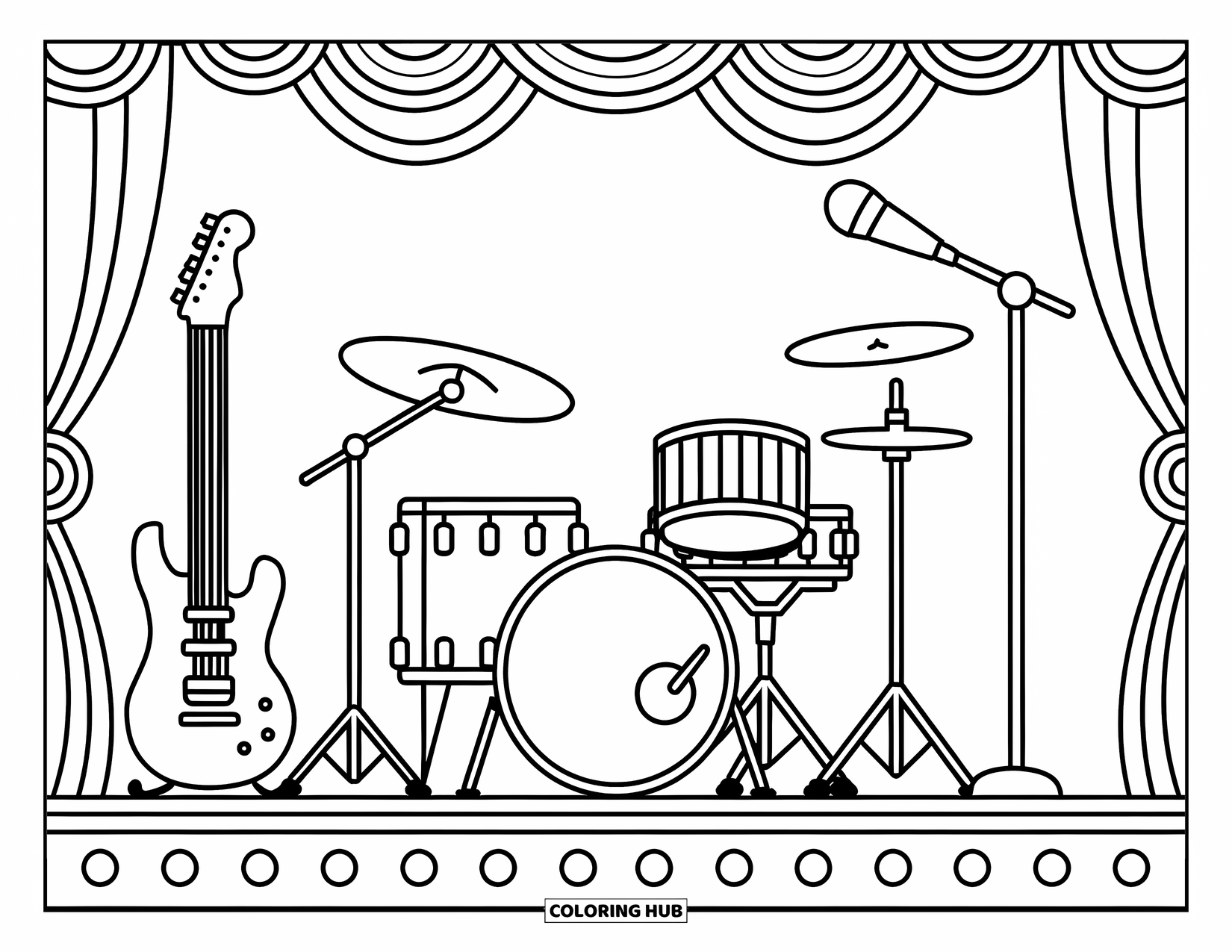 Desen de colorat cu chitară pentru copii: O chitară, tobe și un microfon stau pe scenă, gata pentru ca o trupă să cânte