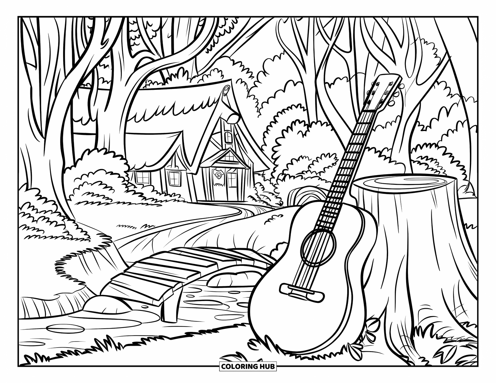 Desen de colorat cu chitară pentru copii: O chitară se sprijină lângă un copac, în timp ce un pârâu curge printr-o pădure cu o căsuță