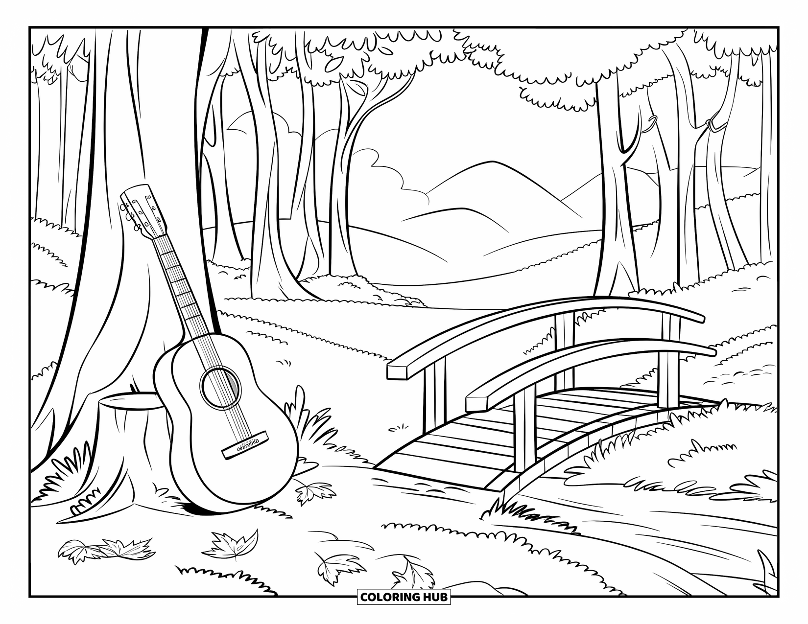 Desen de colorat cu chitară pentru copii: O chitară se sprijină de un butuc de copac într-o pădure liniștită, cu un pod de lemn