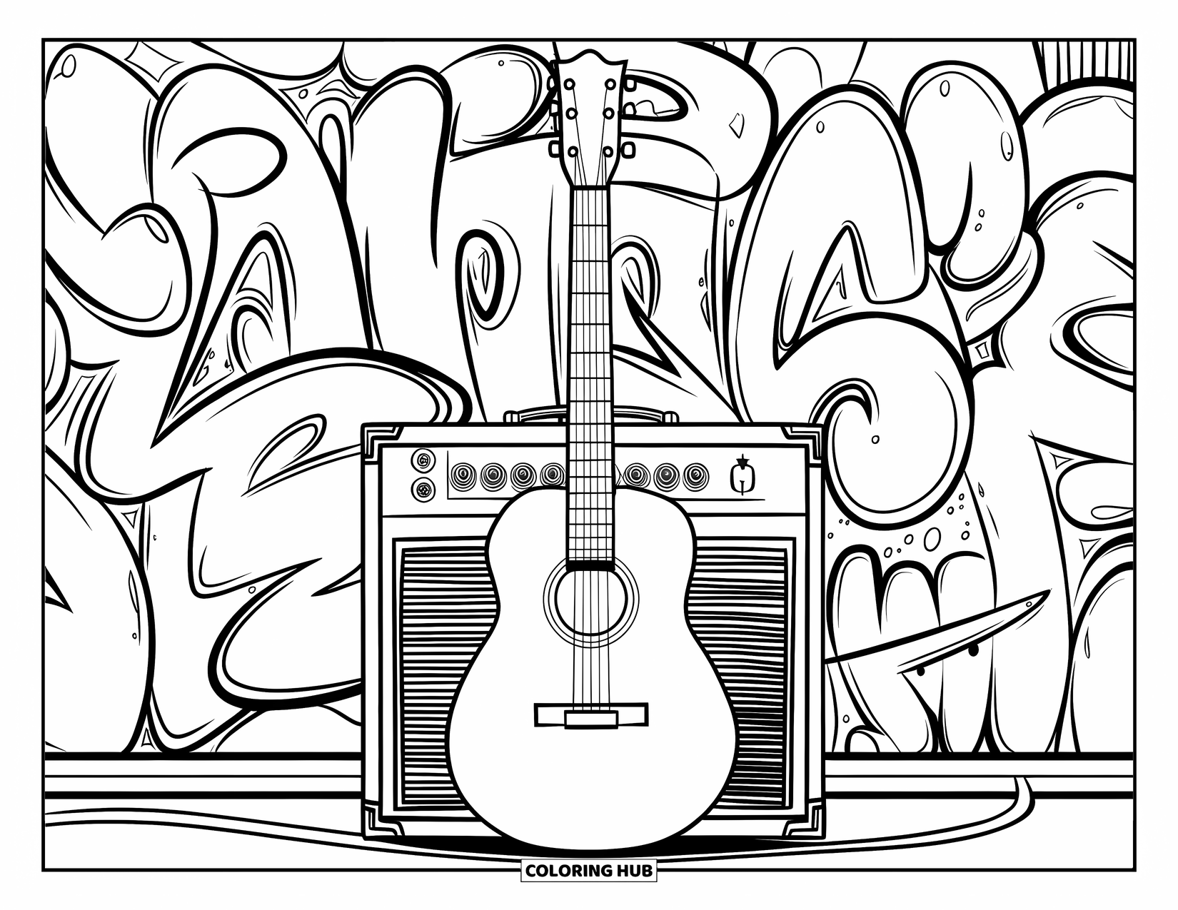 Desen de colorat cu chitară pentru copii: O chitară se sprijină pe un amplificator lângă un perete plin de graffiti și desene