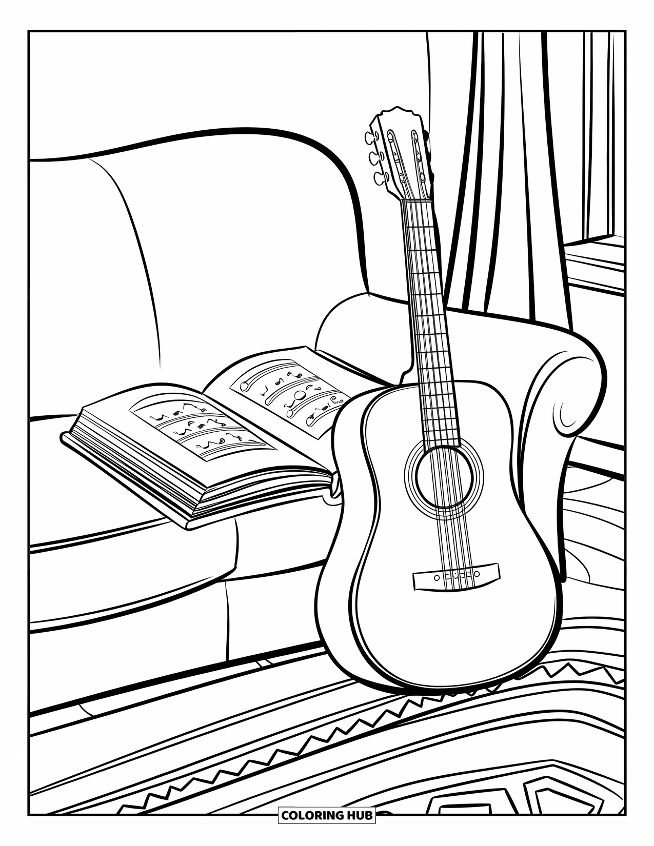 Desen de colorat cu chitară pentru copii: O chitară se sprijină pe o canapea lângă o carte de cântece deschisă, într-o cameră confortabilă