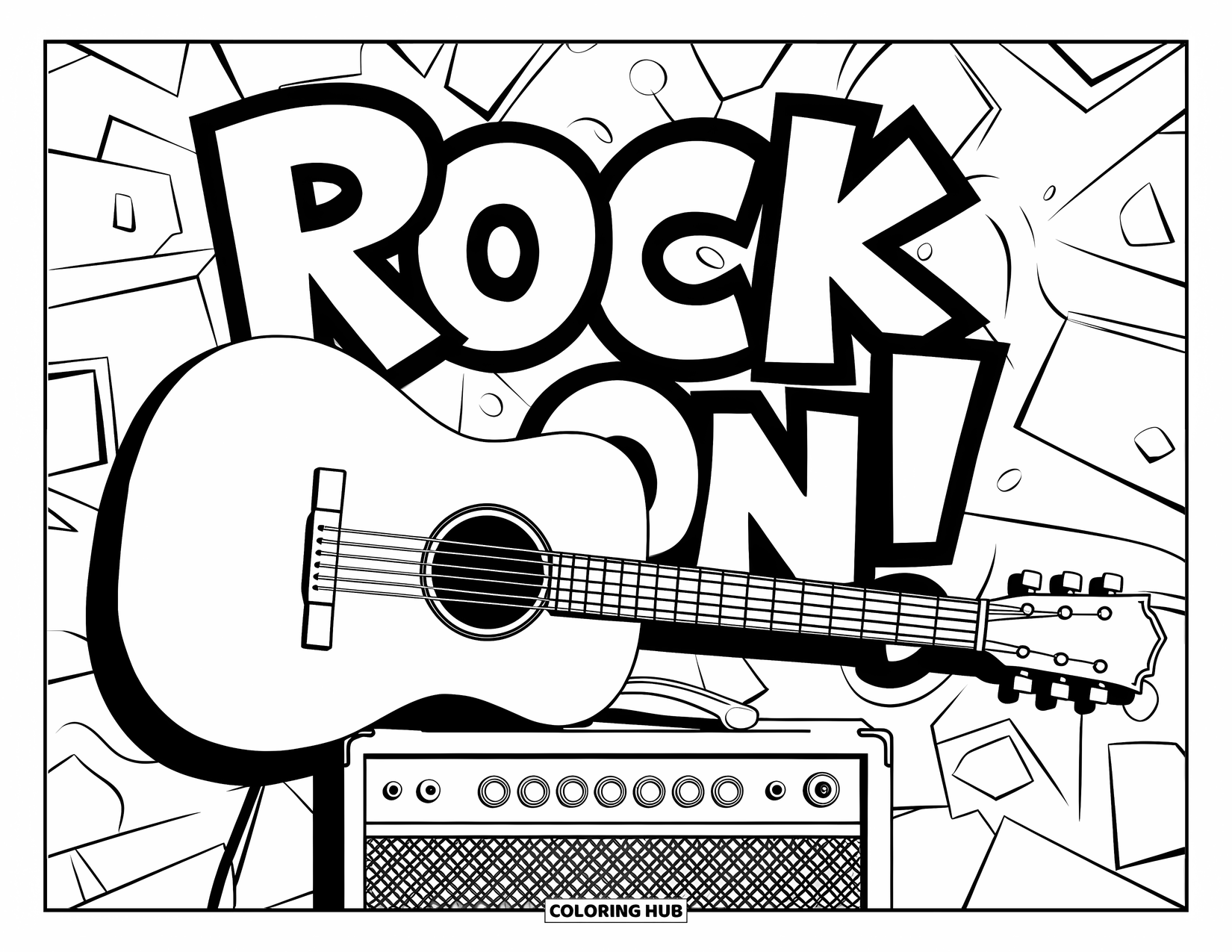 Desen de colorat cu chitară pentru copii: O chitară se sprijină pe un amplificator în fața unui perete cu graffiti „Rock on!”