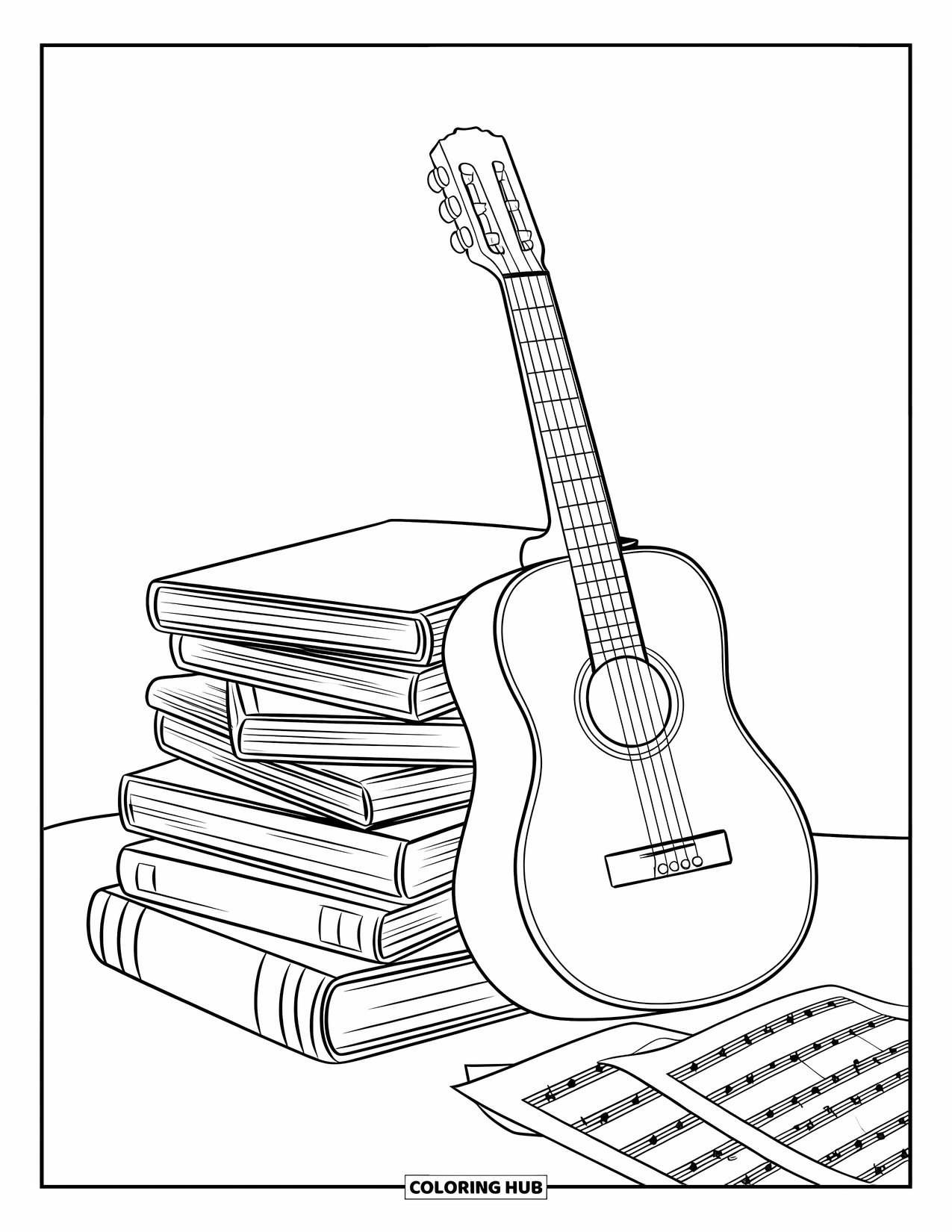 Desen de colorat cu chitară pentru copii: O chitară cu câteva corzi lipsă se sprijină de cărți și note stivuite