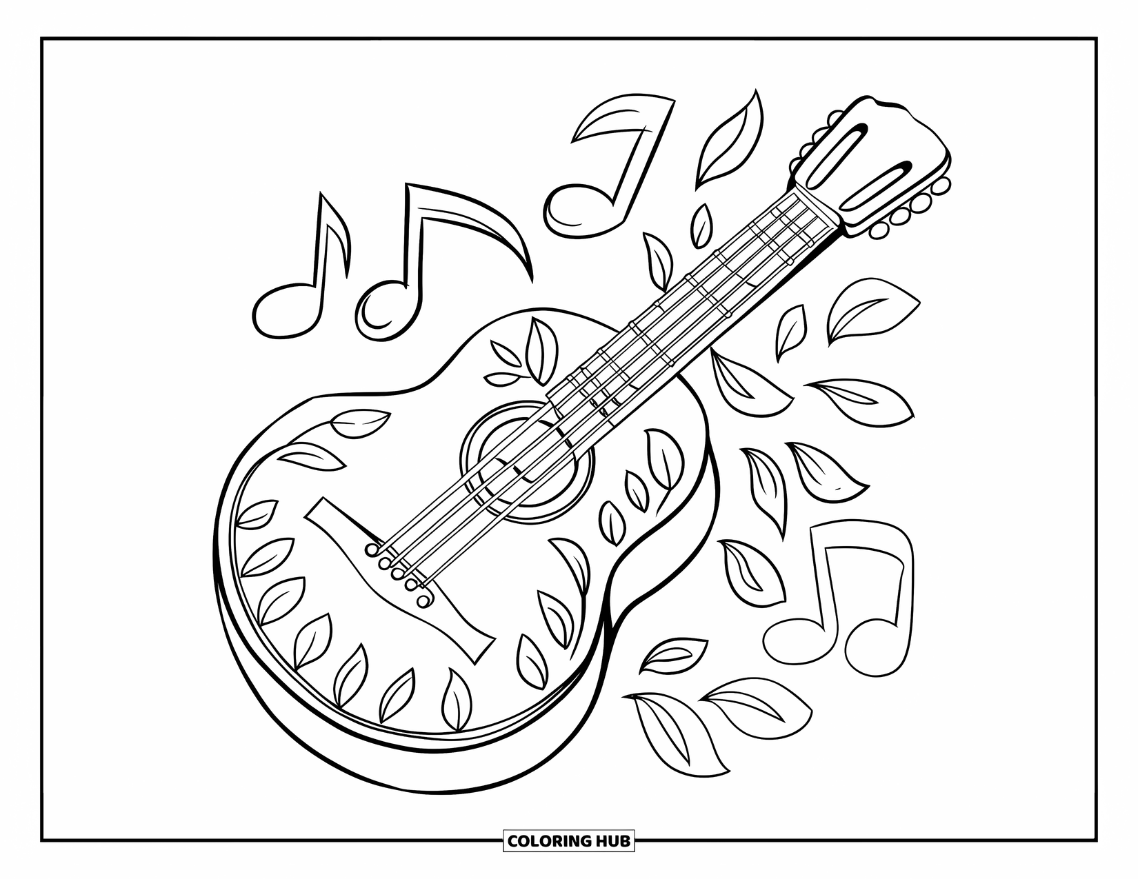 Desen de colorat cu chitară pentru copii: O chitară cu decorațiuni simple cu frunze iese în evidență pe un fundal curat