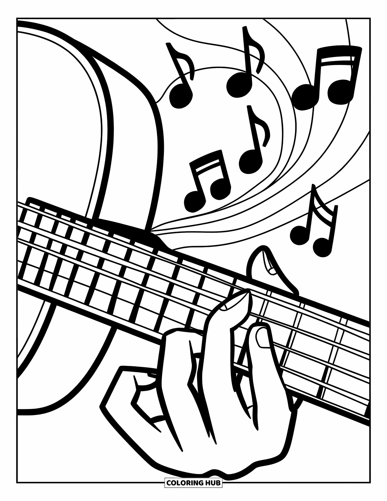 Desen de colorat cu chitară pentru copii: O mână ciupește coardele chitarei, în timp ce notele muzicale se învârt în aer