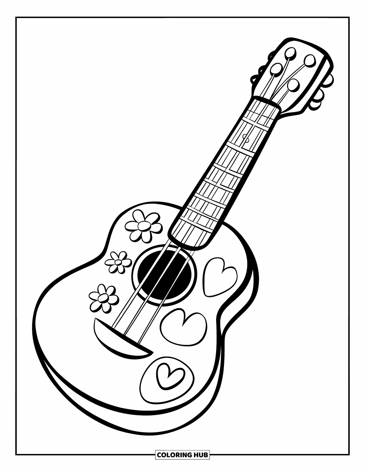Desen de colorat cu chitară pentru copii: O chitară fericită, cu doodle-uri cu flori și o inimă, adaugă farmec paginii