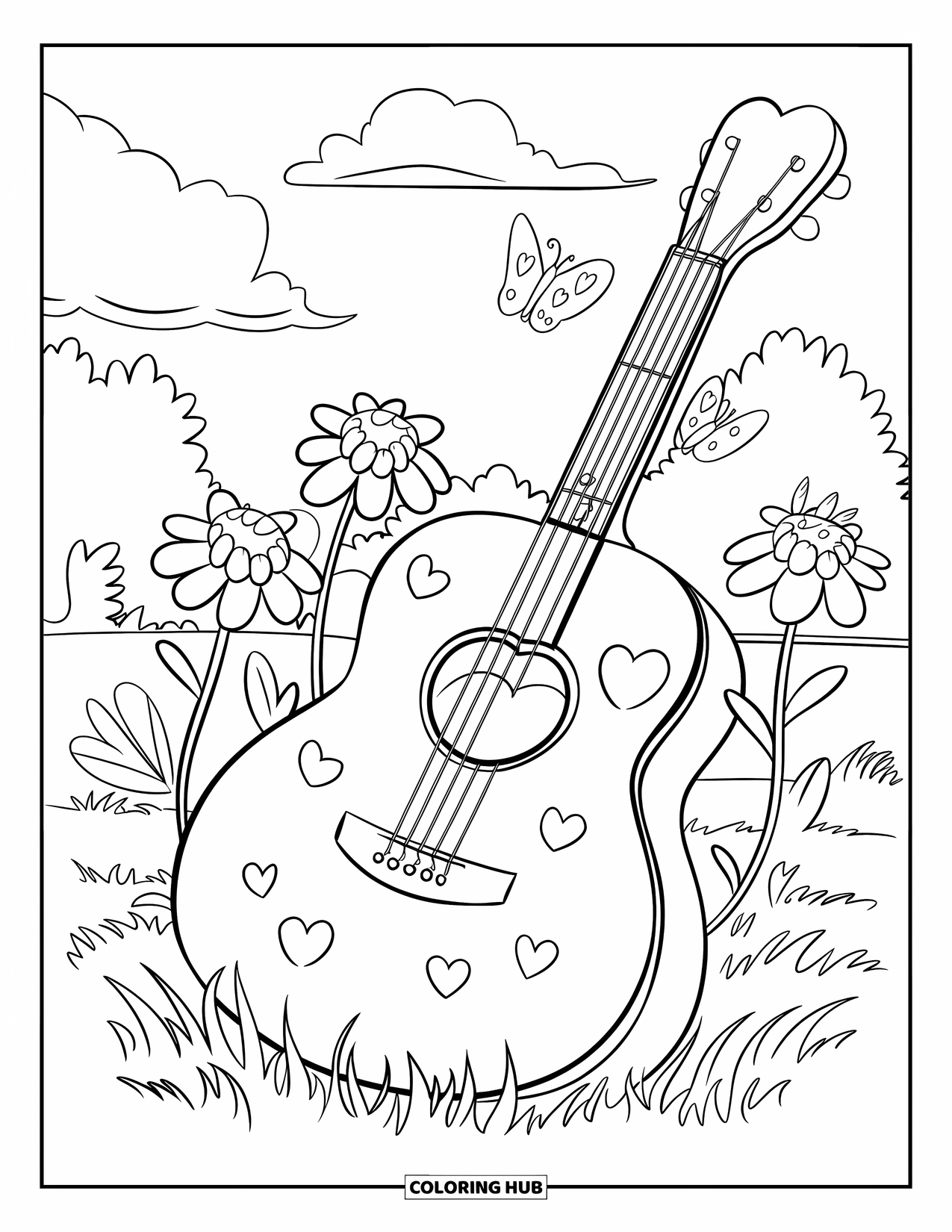 Desen de colorat cu chitară pentru copii: O chitară plină de inimioare se odihnește într-un câmp plin de flori, cu fluturi peste tot
