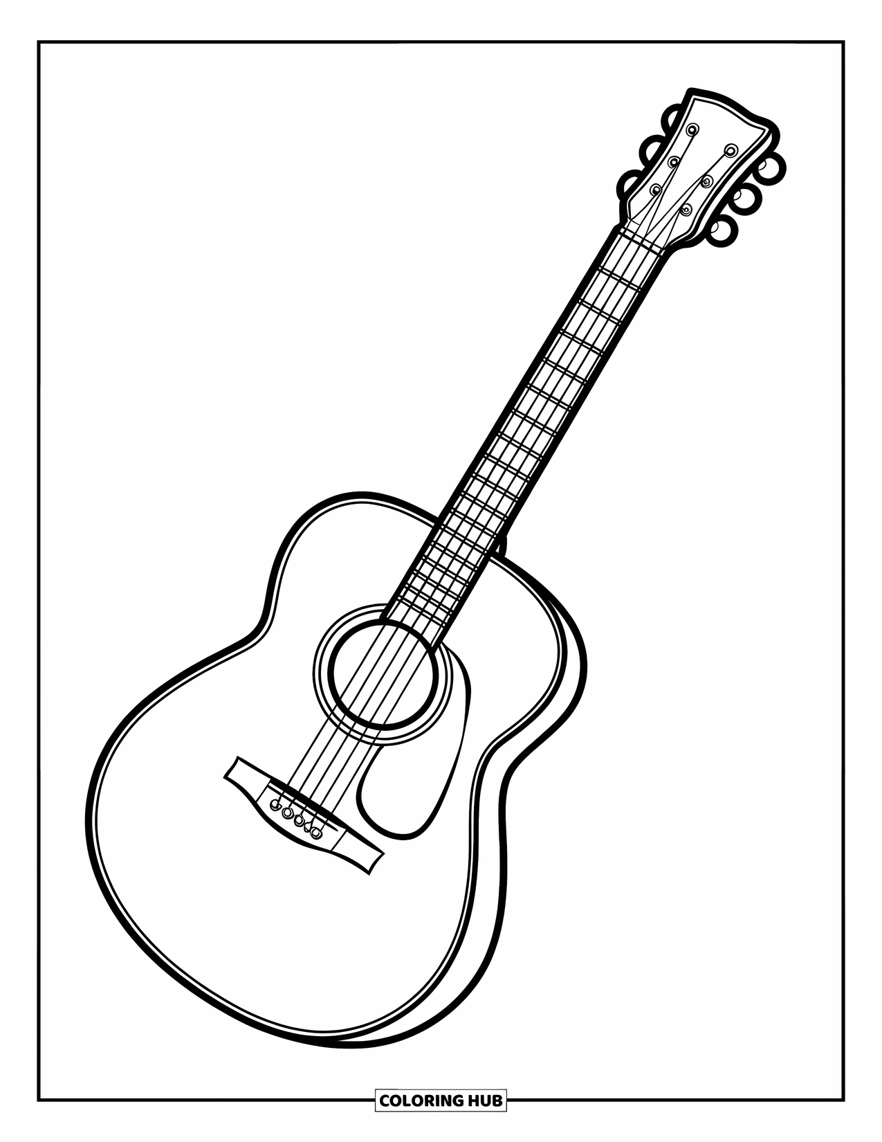 Desen de colorat cu chitară pentru copii: O chitară acustică jucăușă, cu curbe mari și taste groase, iese în evidență