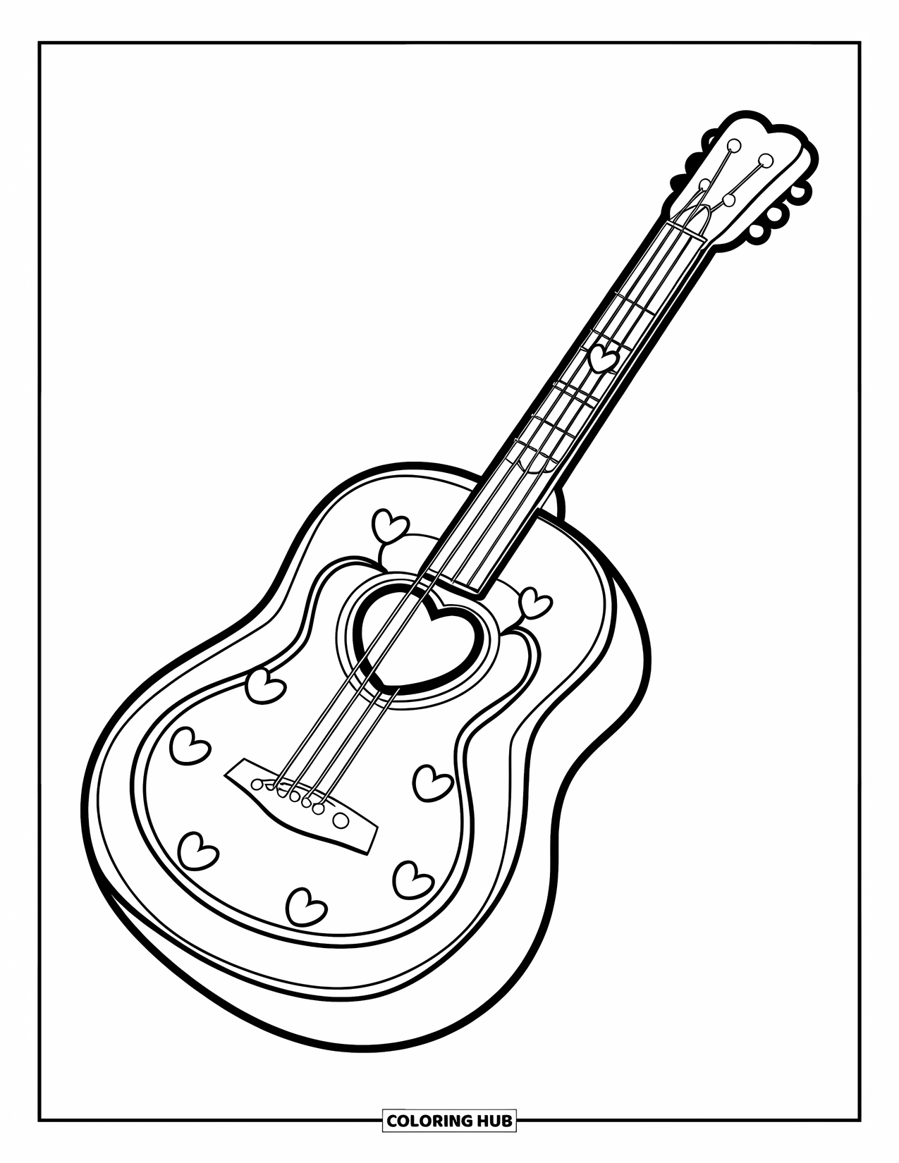 Desen de colorat cu chitară pentru copii: O chitară rotunjită, cu o gaură în formă de inimă și inimioare în jurul ei, se simte caldă și dulce