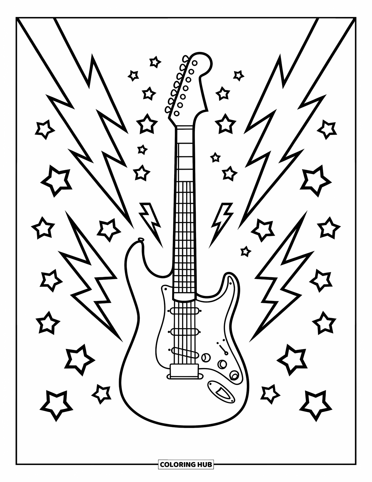 Desen de colorat cu chitară pentru copii: O chitară electrică simplă este înconjurată de stele îndrăznețe și fulgere