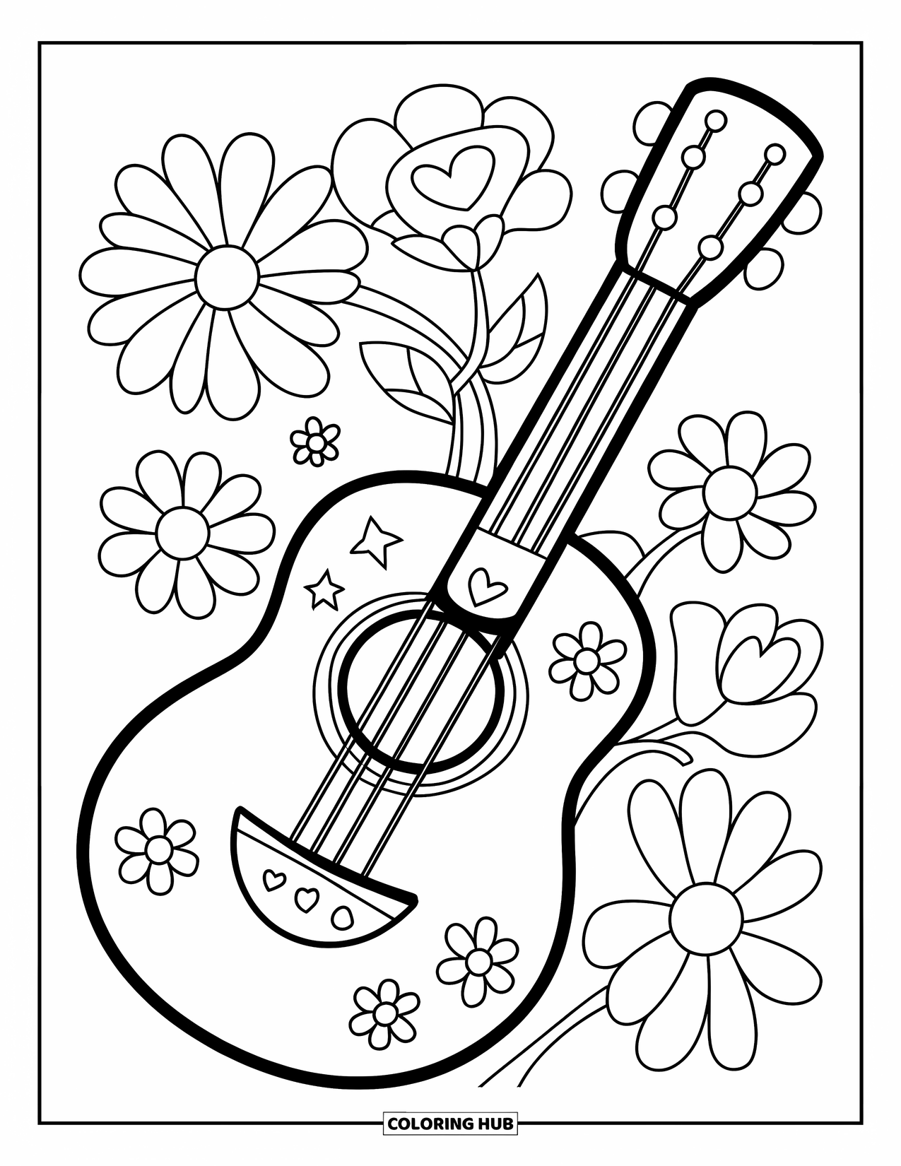 Desen de colorat cu chitară pentru copii: O chitară zâmbitoare, cu flori și o inimă, invită la colorat jucăuș
