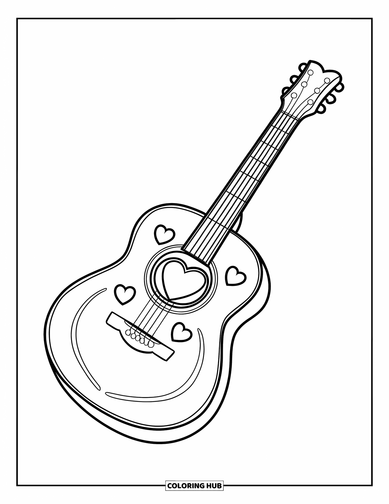 Desen de colorat cu chitară pentru copii: O chitară acustică moale are o gaură de sunet în formă de inimă și inimioare mici în apropiere