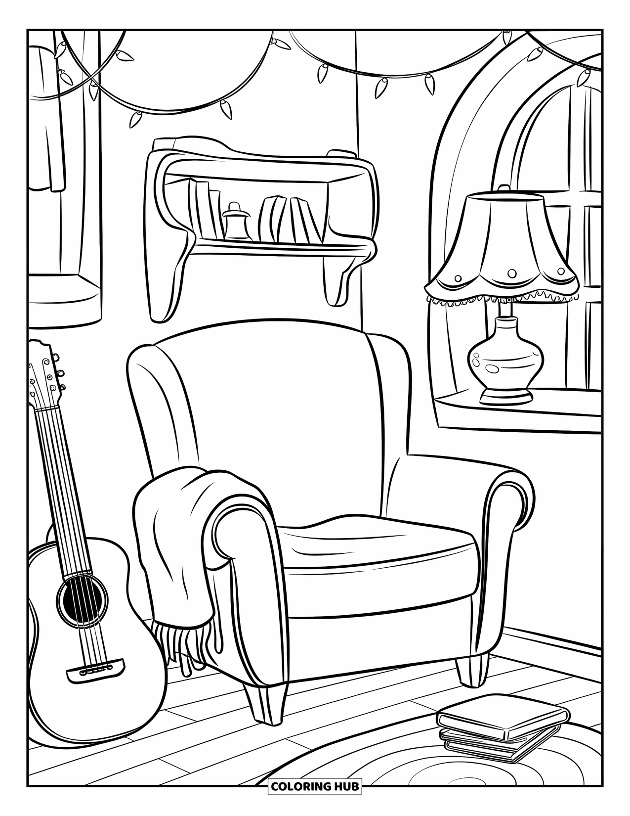 Desen de colorat cu chitară pentru copii: O cameră slab luminată, cu luminițe decorative și cărți, găzduiește o chitară și un scaun confortabil