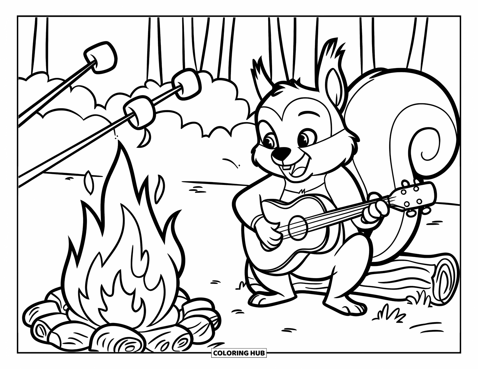 Desen de colorat cu chitară pentru copii: O veveriță cântă la chitară lângă focul de tabără, cu bezele prăjite în apropiere