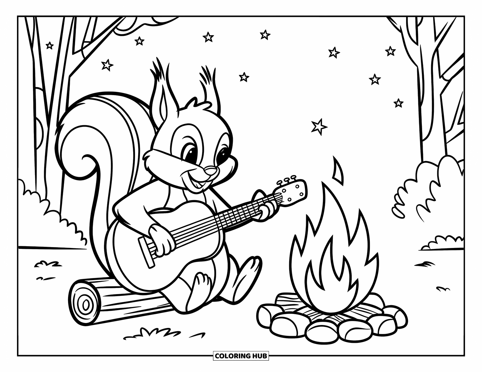 Desen de colorat cu chitară pentru copii: O veveriță ciupește lângă un foc de tabără sub un cer înstelat, cu copaci în jur