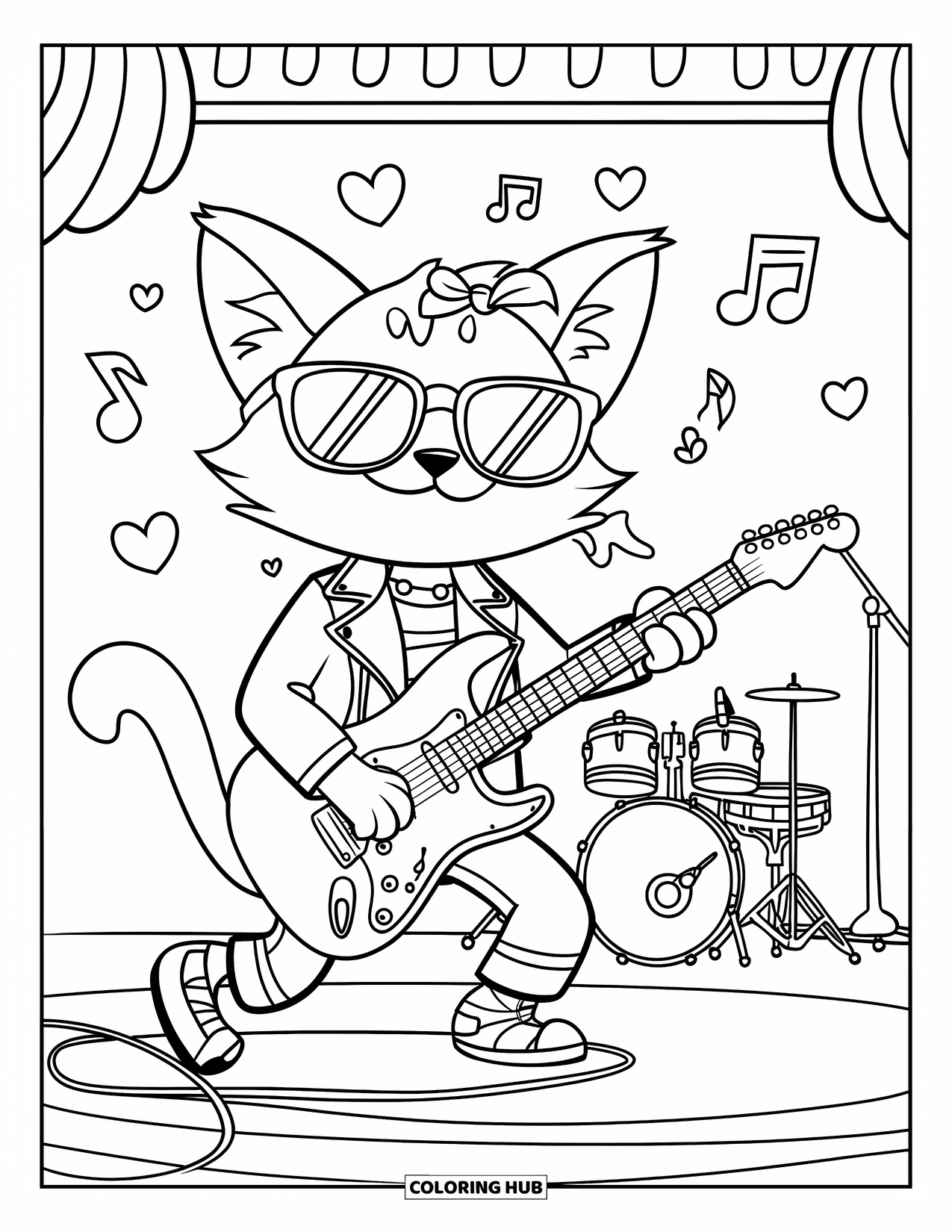 Desen de colorat cu chitară pentru copii: O pisică elegantă se distrează pe scenă cu inimi, note și un set de tobe în spate