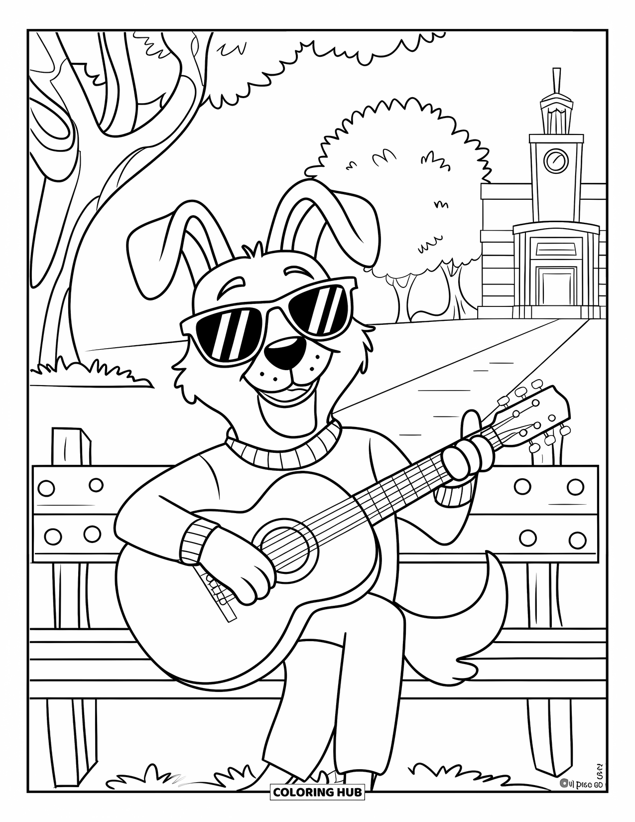 Desen de colorat cu chitară pentru copii: Un câine elegant cântă la chitară în parc, lângă copaci și un turn cu ceas