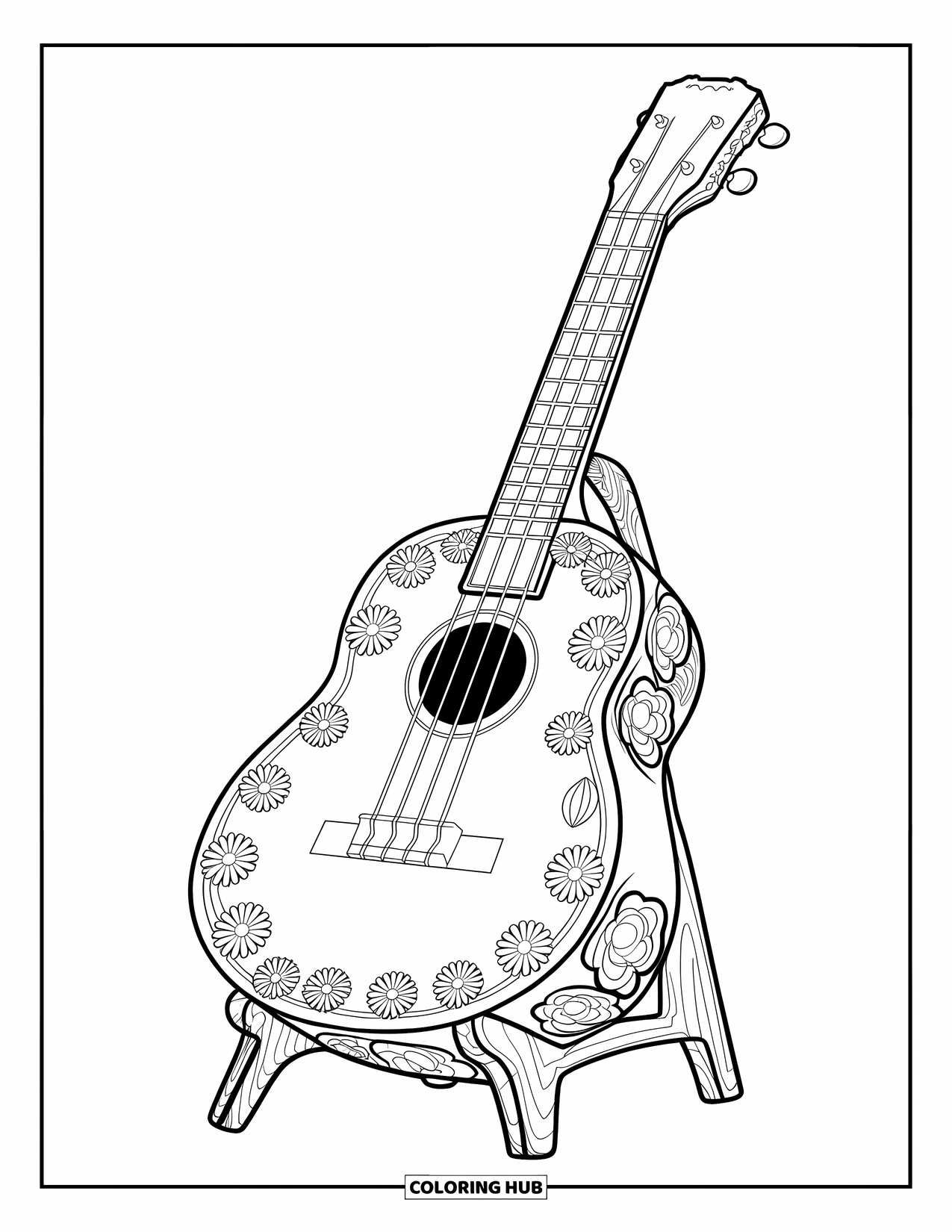 Desen de colorat cu chitară pentru copii: Un ukulele cu sculpturi florale stă pe un fundal alb, cu o vibrație de lemn