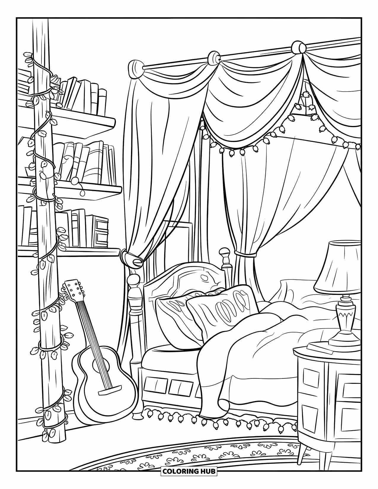 Desen de colorat cu chitară pentru copii: Un dormitor cald are cărți, luminițe decorative și o chitară sprijinită de perete
