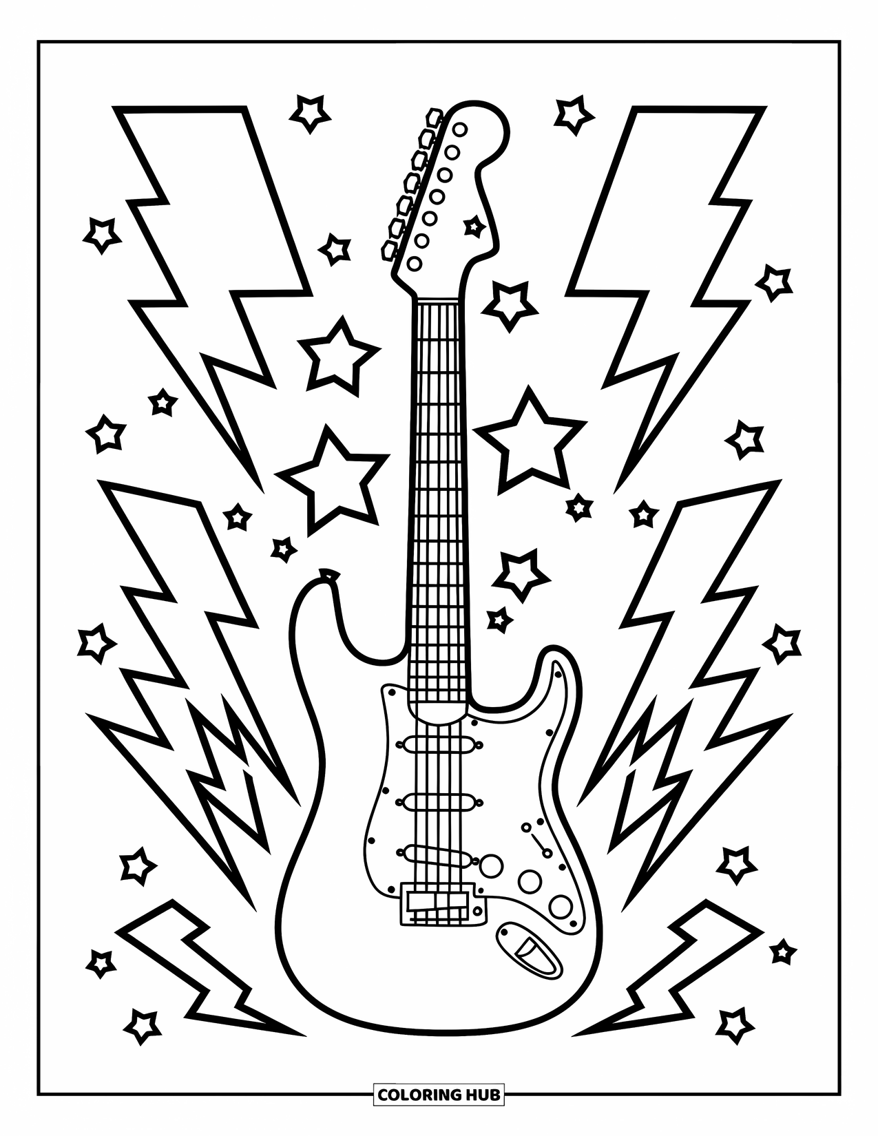 Desen de colorat cu chitară pentru copii: O chitară electrică iese în evidență cu stele și fulgere pe un fundal gol