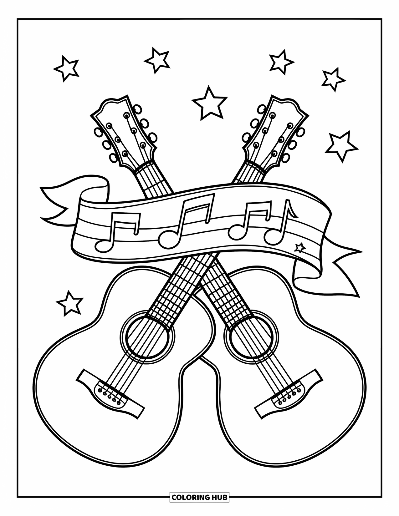 Desen de colorat cu chitară pentru copii: Chitare detaliate se încrucișează deasupra unui banner înstelat, cu corzi îndrăznețe și taste vizibile