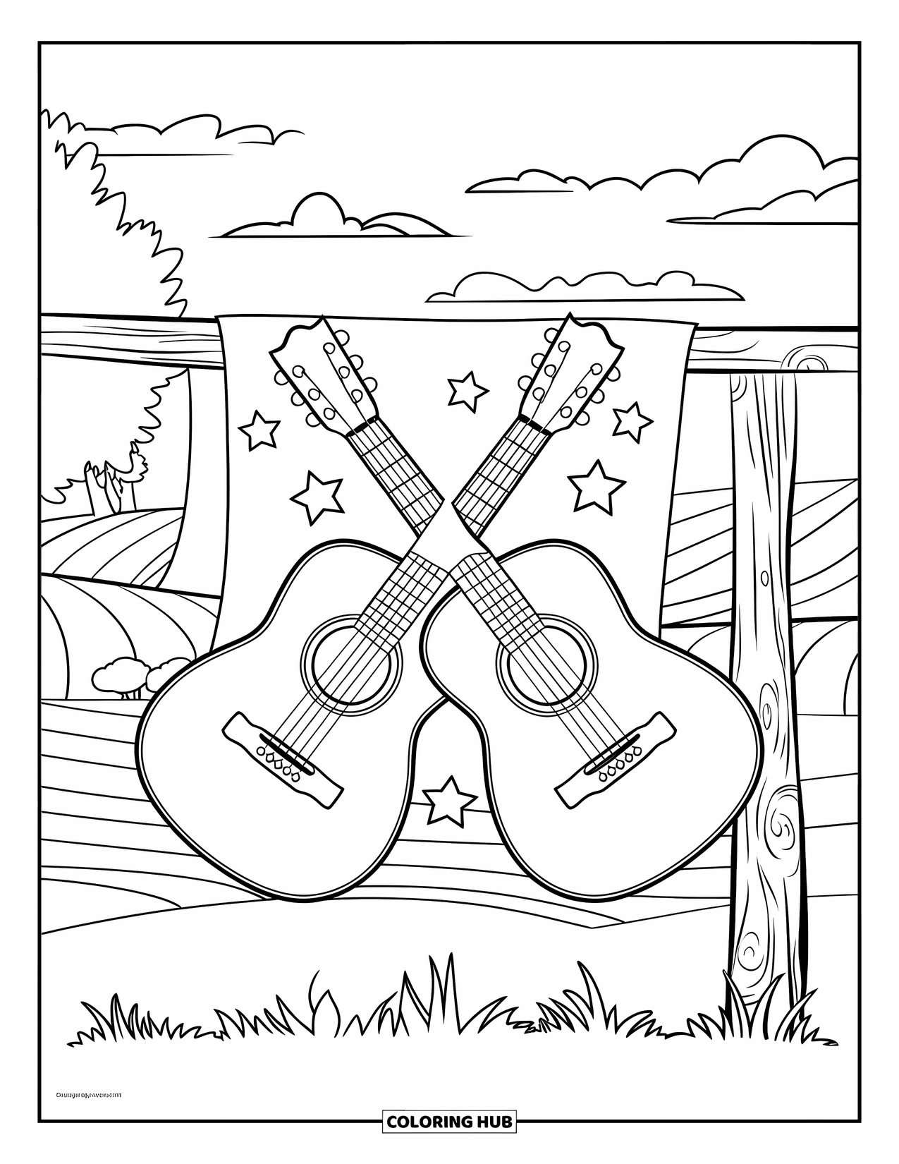 Desen de colorat cu chitară pentru copii: Două chitare se încrucișează peste un banner așezat pe un stâlp de lemn într-un peisaj liniștit