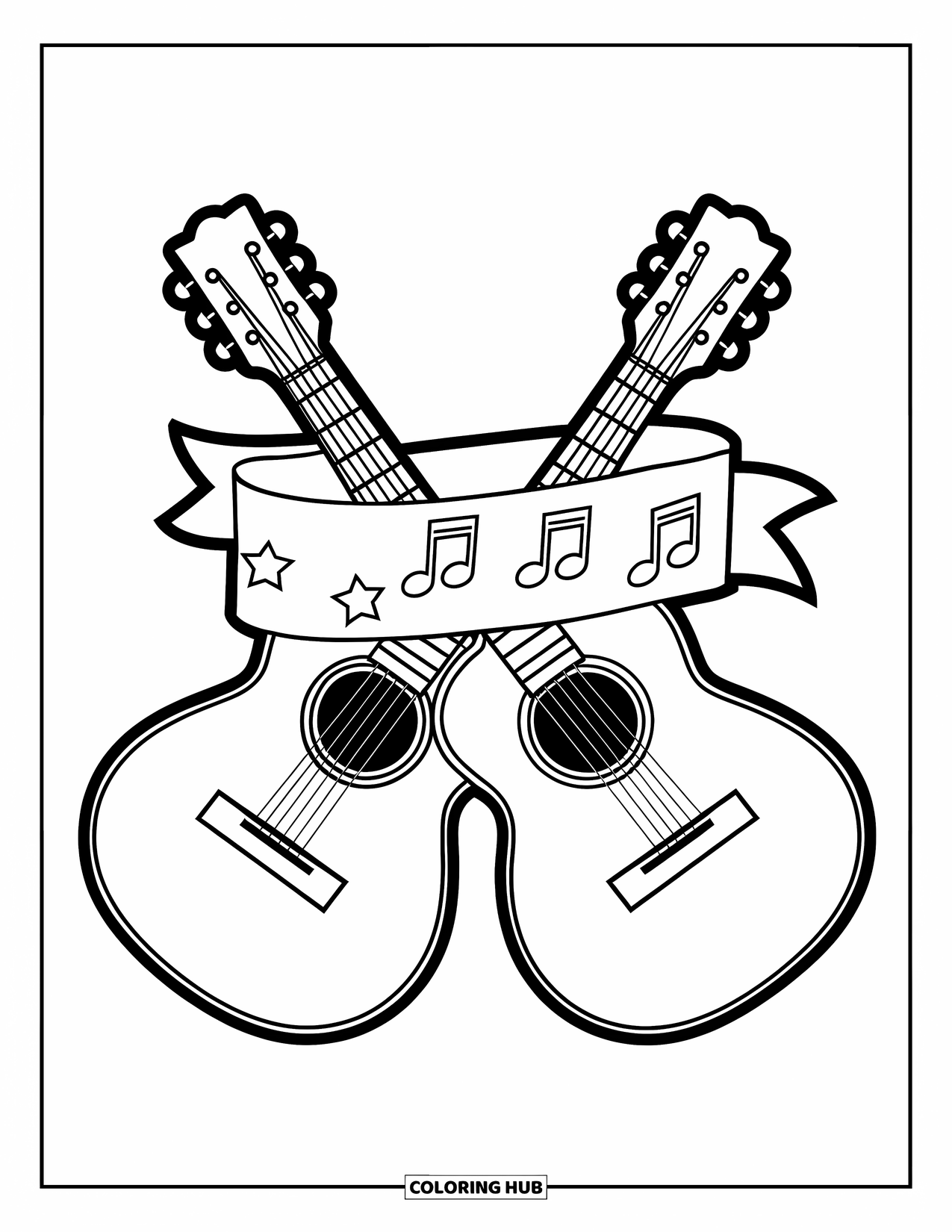 Desen de colorat cu chitară pentru copii: Două chitare se încrucișează peste un banner cu stele și simboluri muzicale